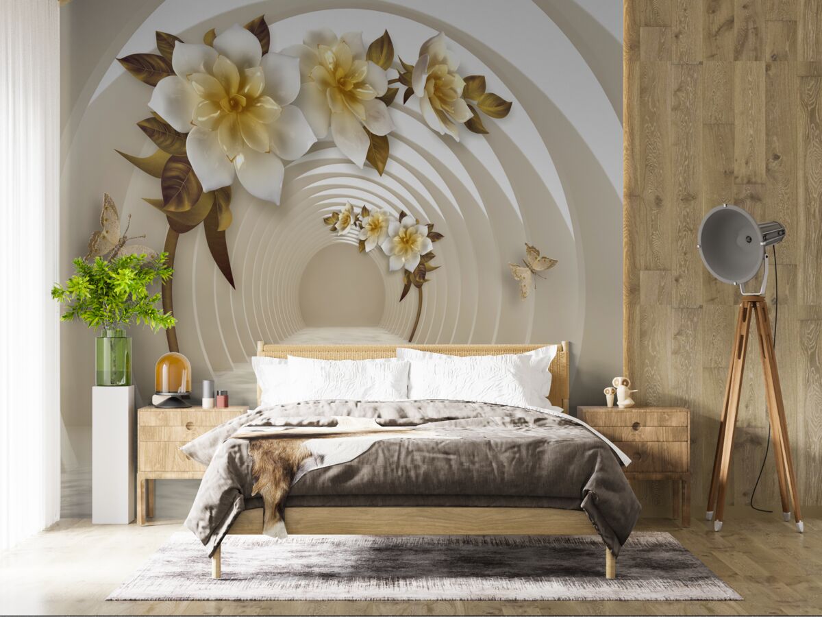 Papier peint en regardant dehors, on peut voir des lotus blancs décorés d'or