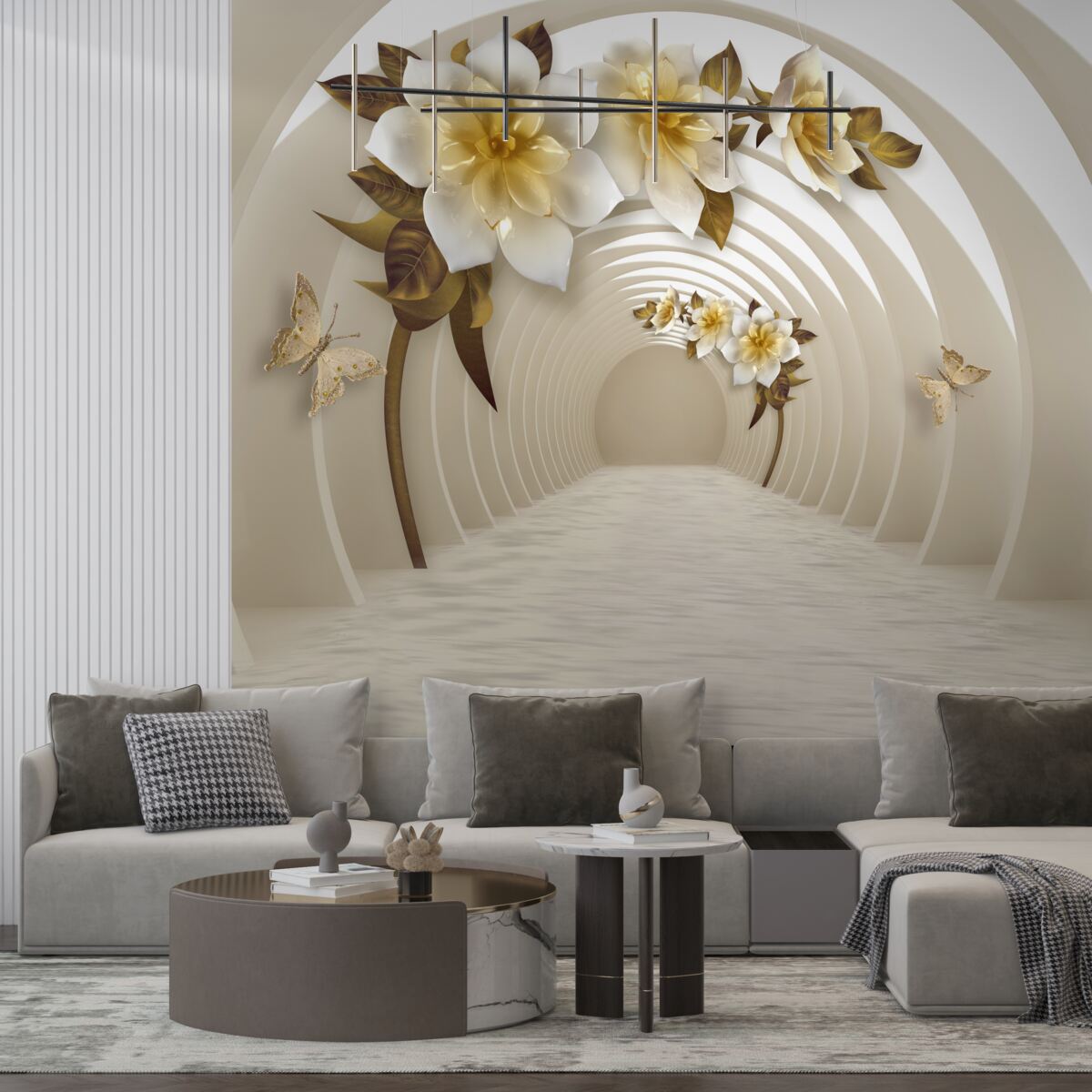 Papier peint en regardant dehors, on peut voir des lotus blancs décorés d'or