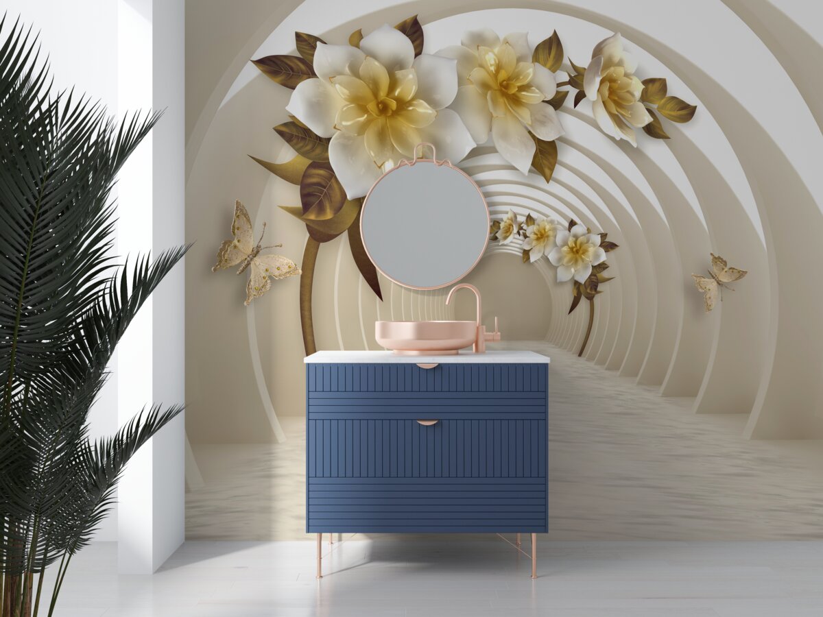 Papier peint en regardant dehors, on peut voir des lotus blancs décorés d'or