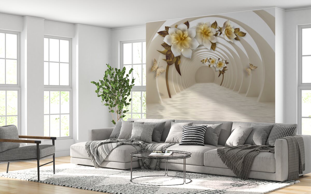 Papier peint en regardant dehors, on peut voir des lotus blancs décorés d'or