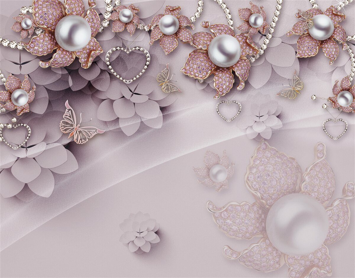 Papier peint Le centre est orné de perles entourées de délicates fleurs roses.
