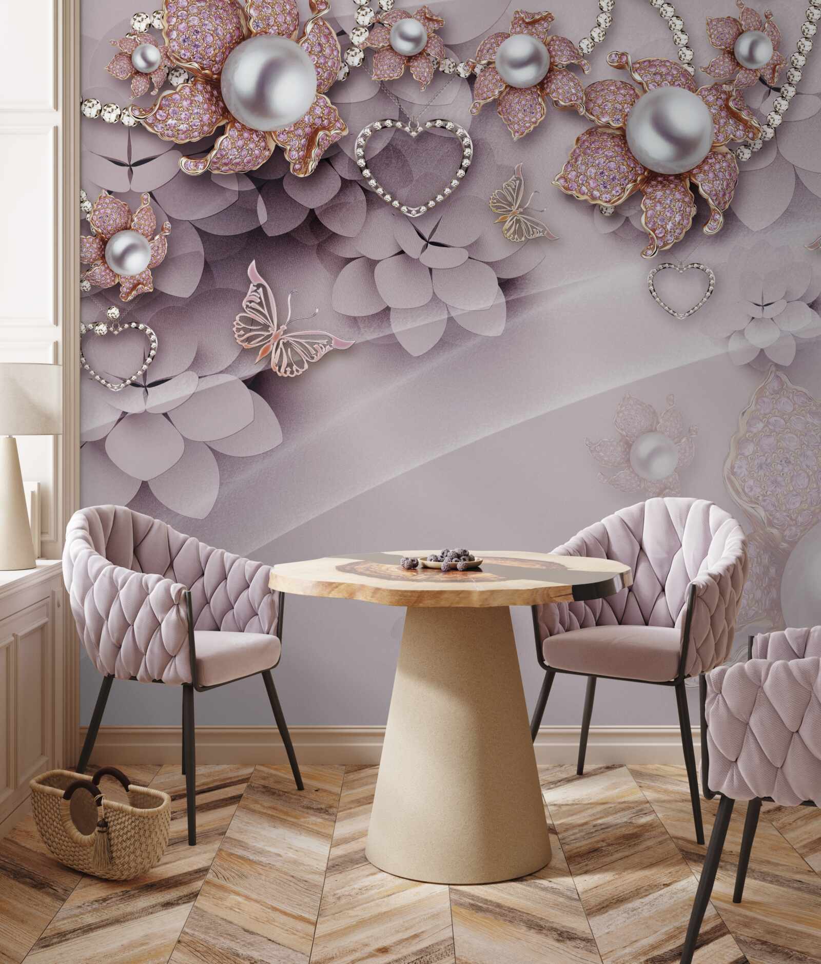 Papier peint Le centre est orné de perles entourées de délicates fleurs roses.