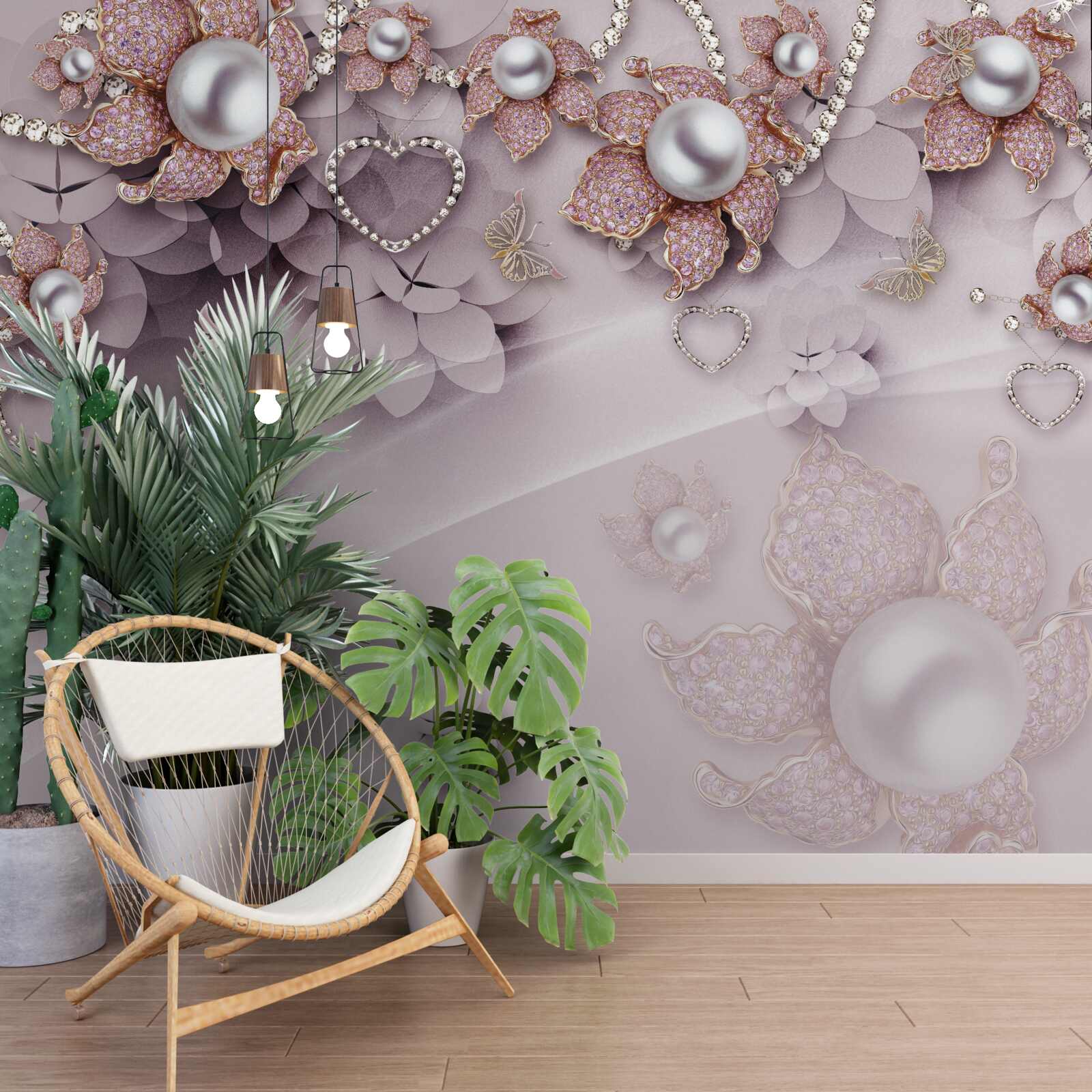Papier peint Le centre est orné de perles entourées de délicates fleurs roses.