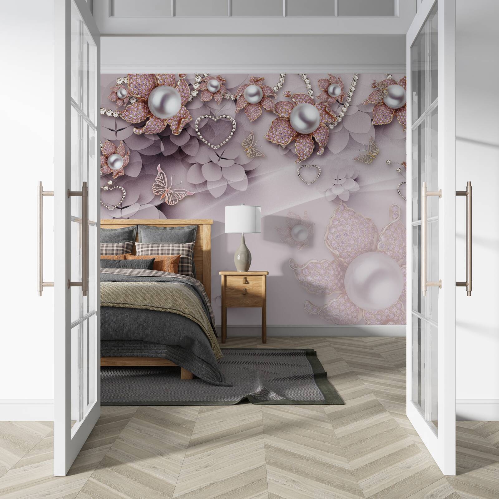 Papier peint Le centre est orné de perles entourées de délicates fleurs roses.