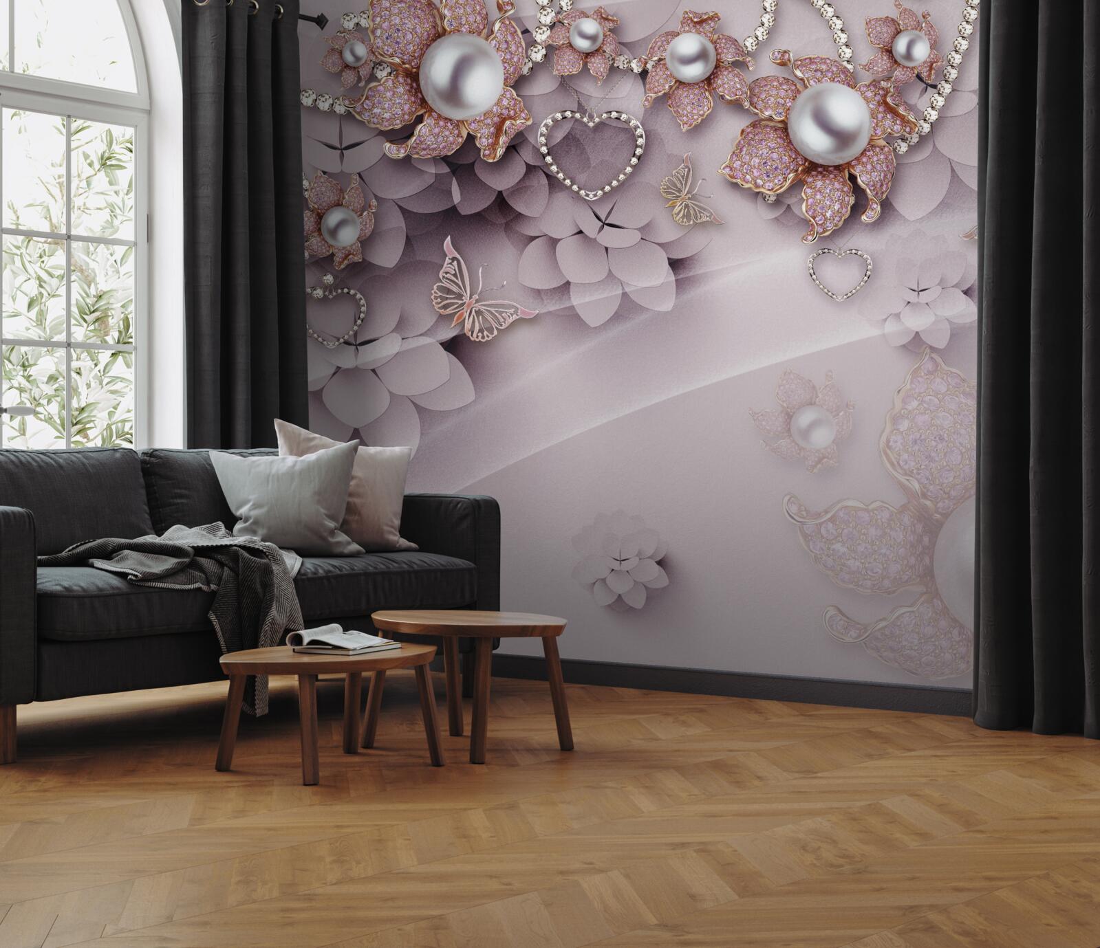 Papier peint Le centre est orné de perles entourées de délicates fleurs roses.