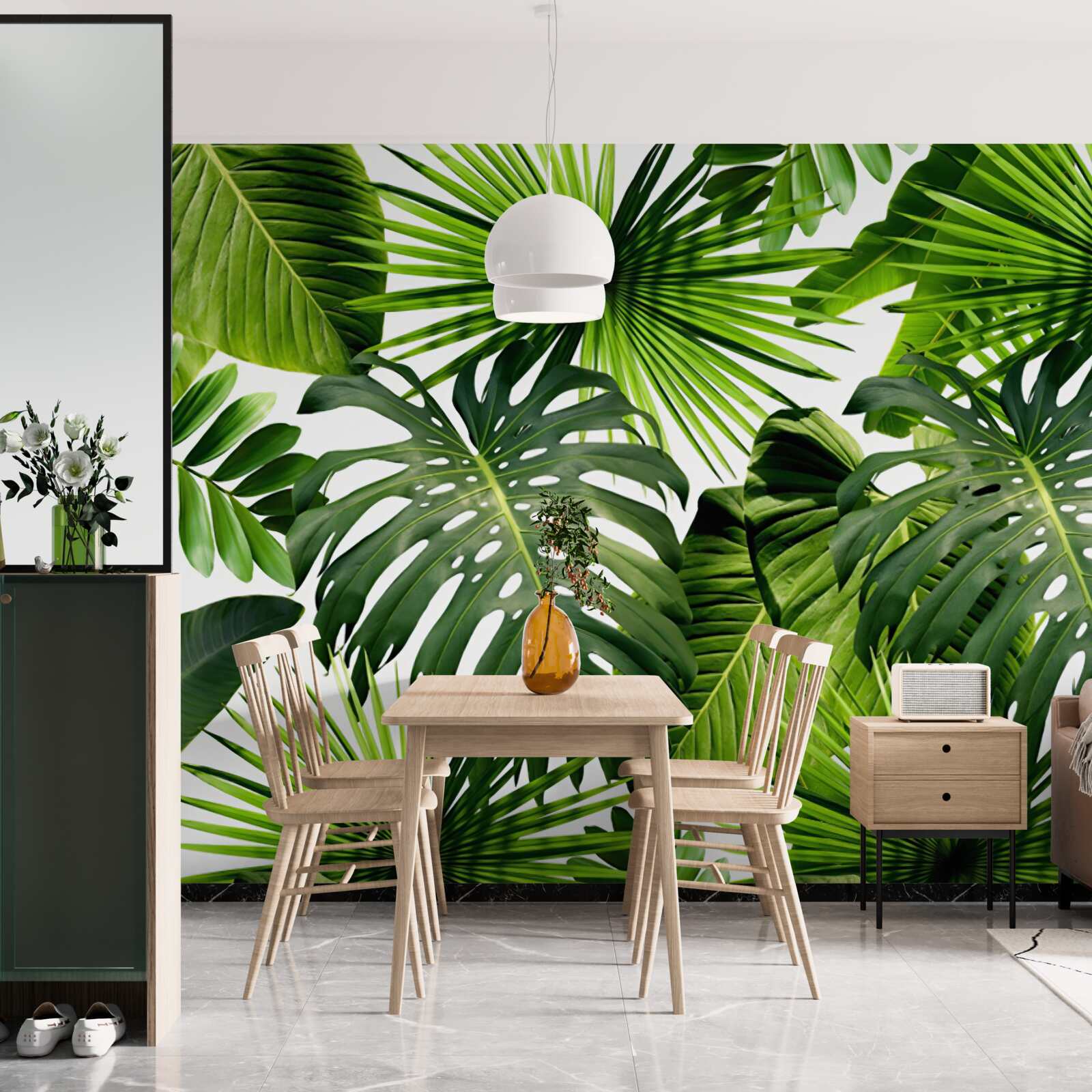 Papier peint monstera et feuilles de bananier sur fond blanc, avec densité
