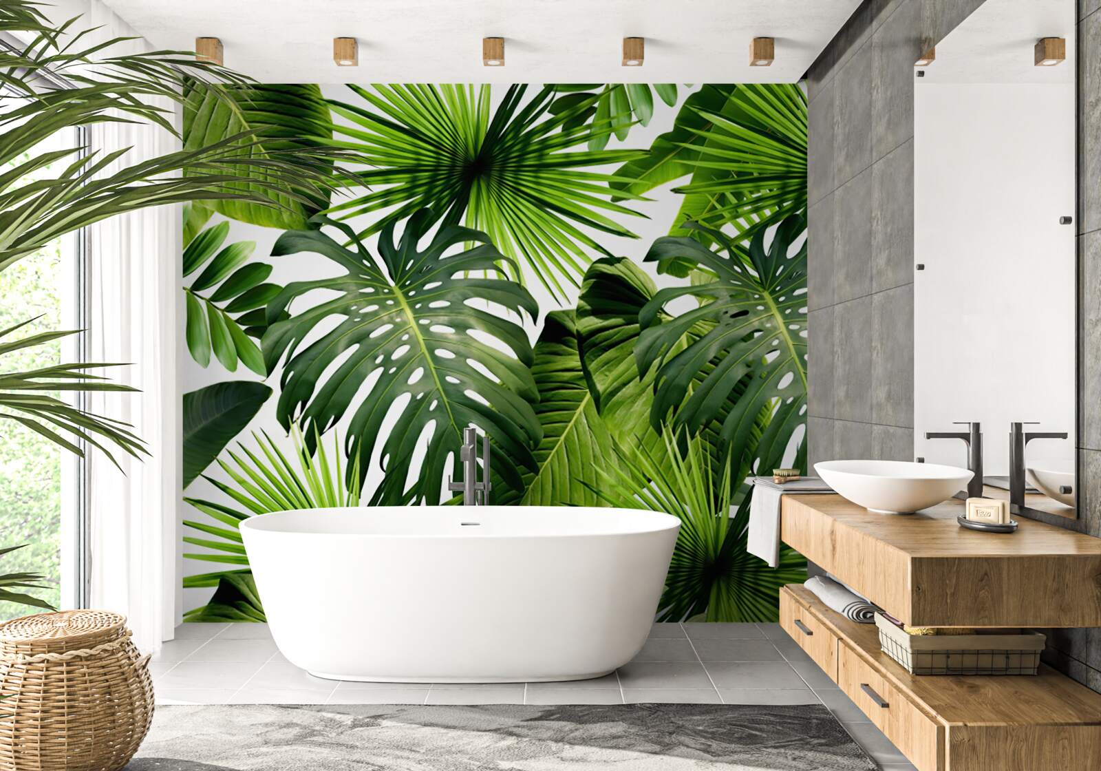 Papier peint monstera et feuilles de bananier sur fond blanc, avec densité