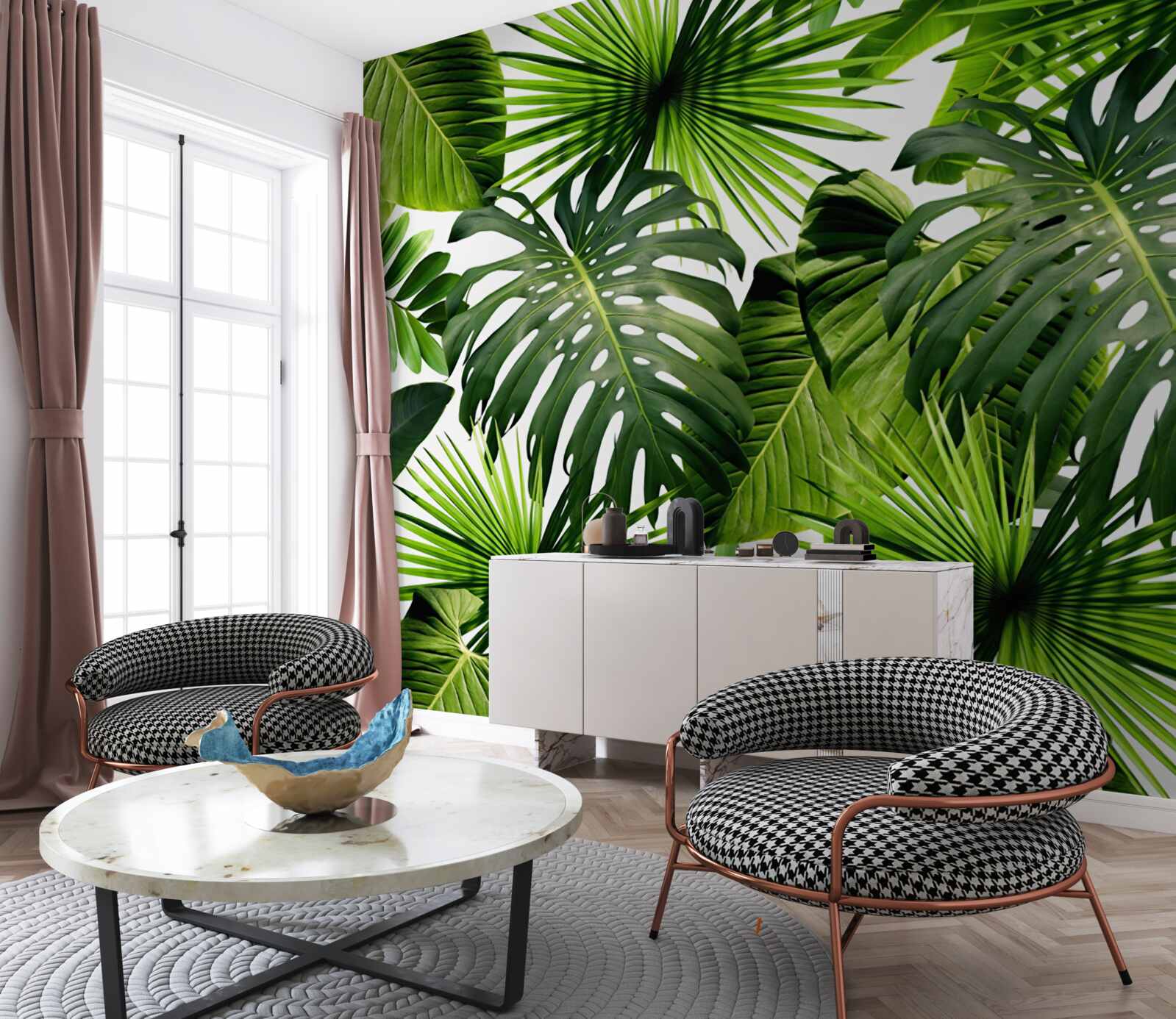 Papier peint monstera et feuilles de bananier sur fond blanc, avec densité