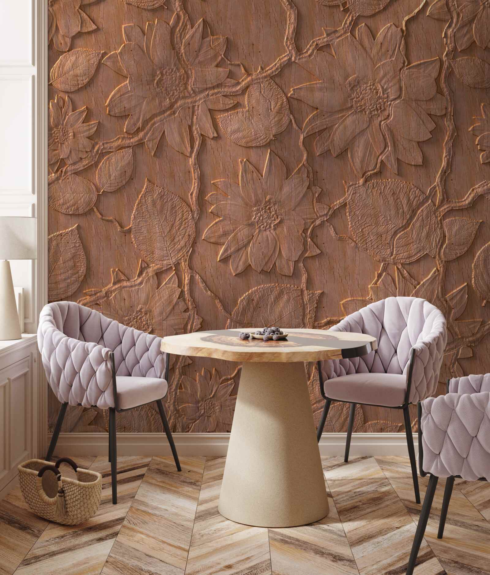 Papier peint plâtre avec fleurs, en bois brut