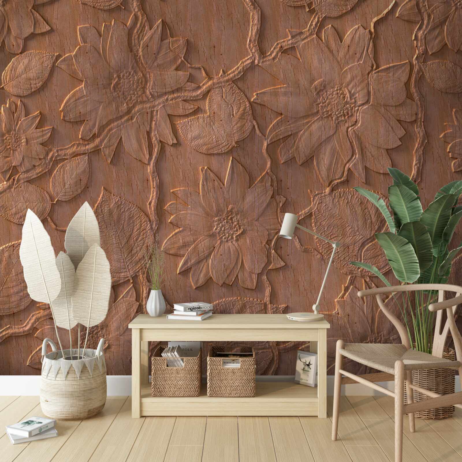 Papier peint plâtre avec fleurs, en bois brut