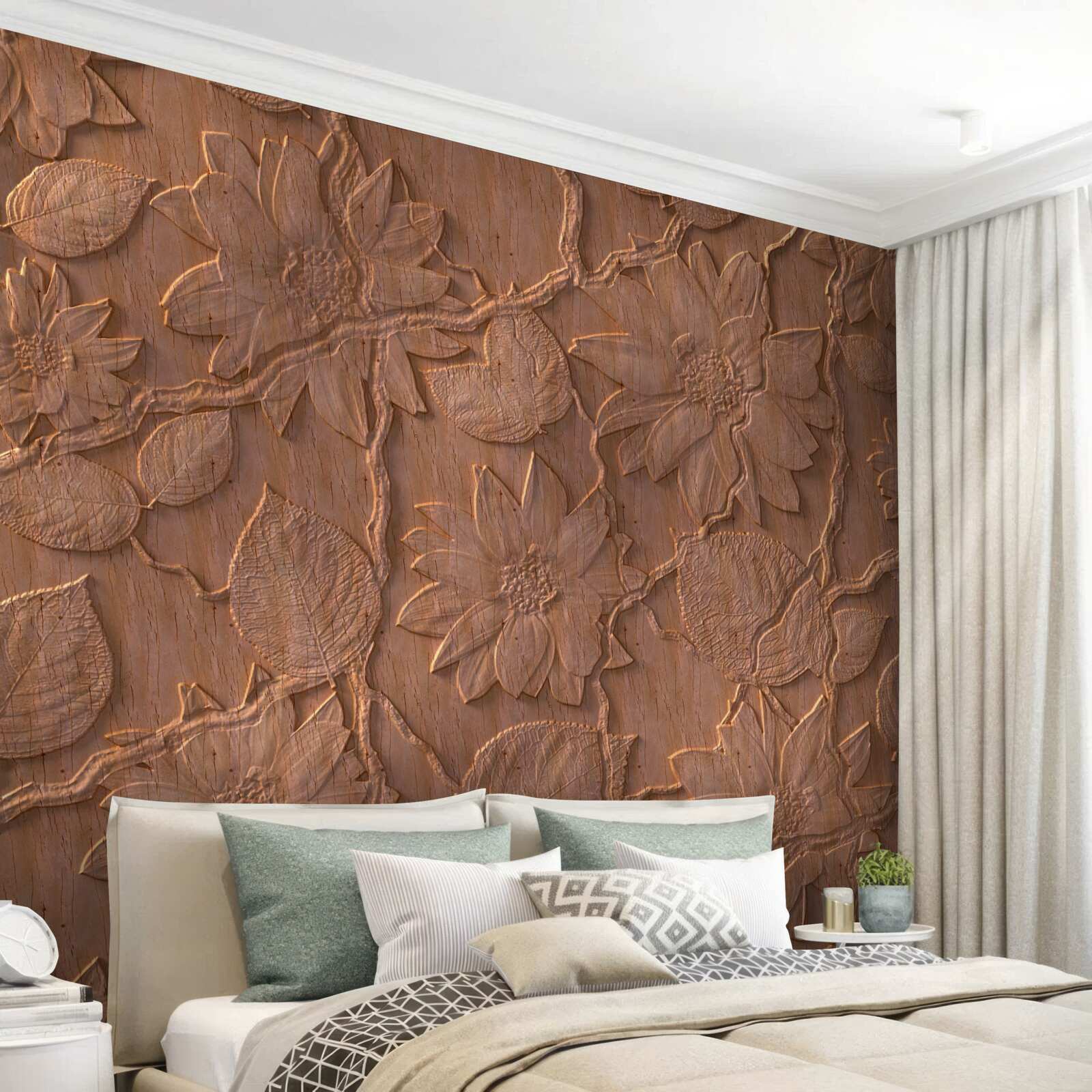 Papier peint plâtre avec fleurs, en bois brut