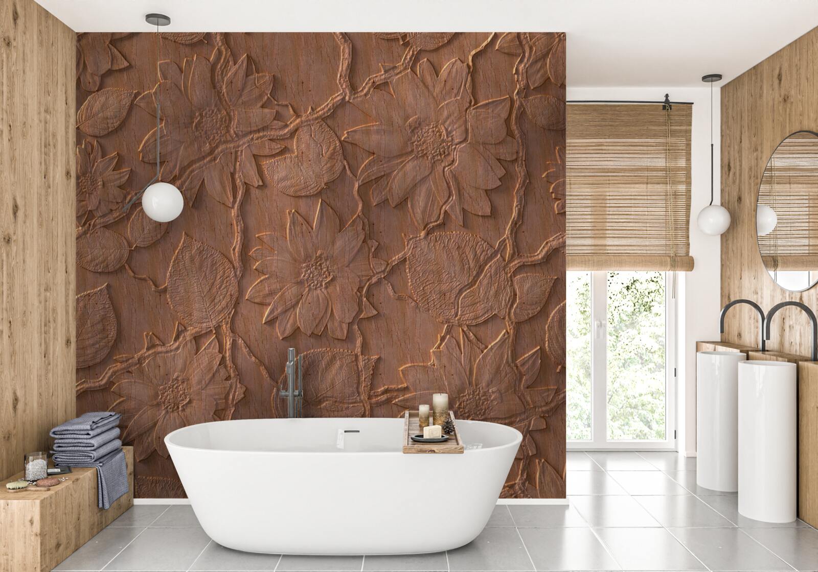 Papier peint plâtre avec fleurs, en bois brut