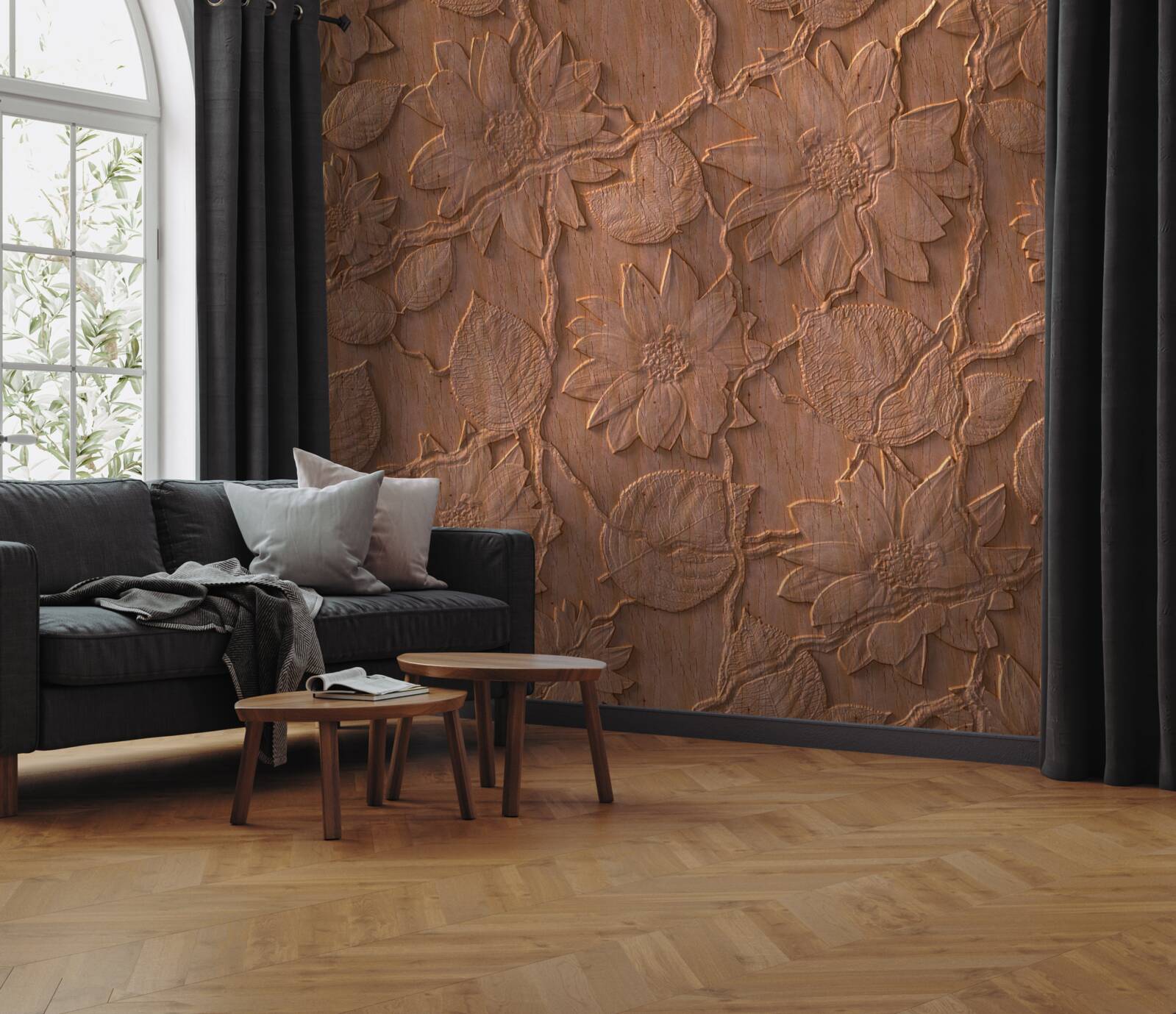 Papier peint plâtre avec fleurs, en bois brut