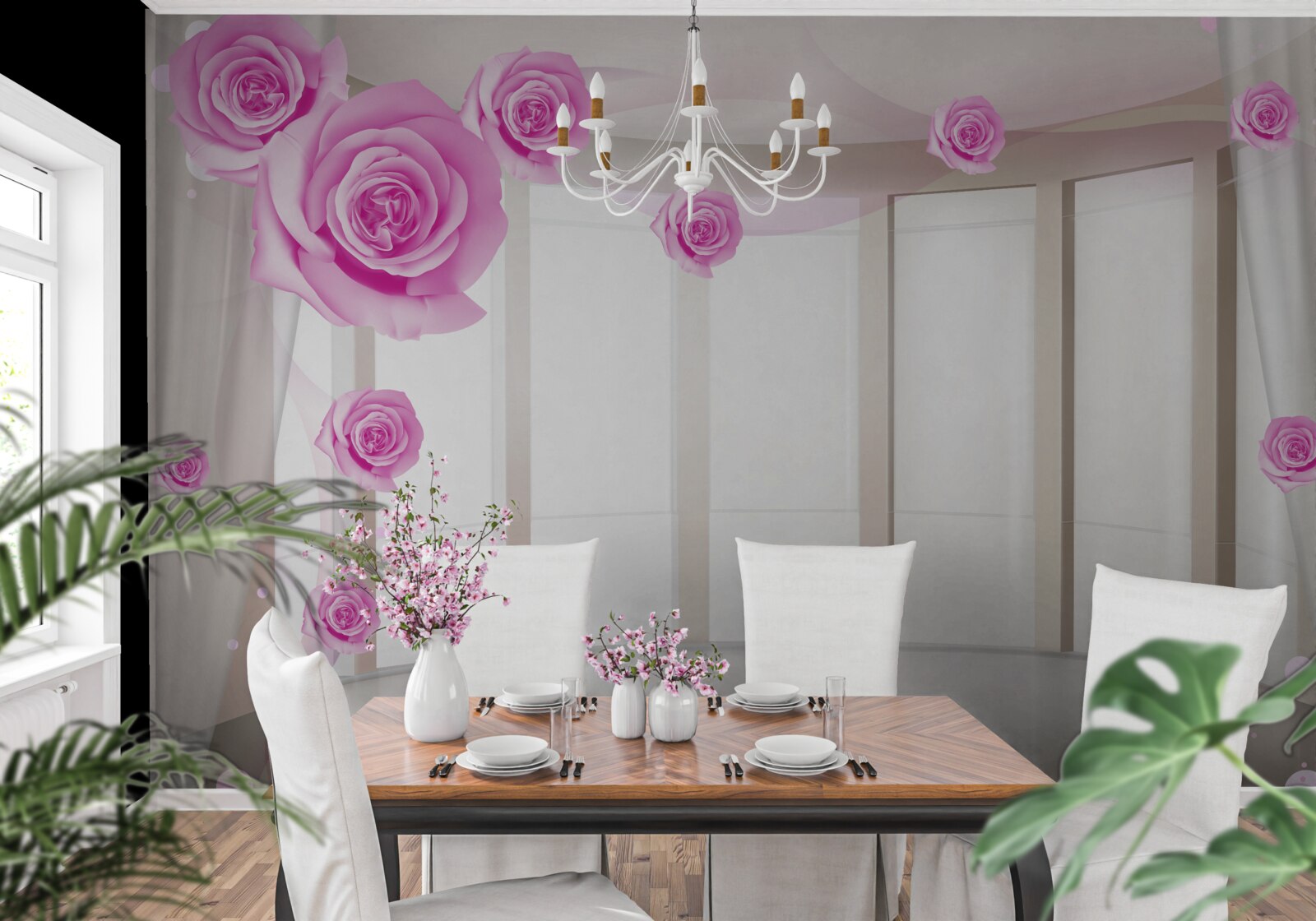 Papier peint terrasse avec vue panoramique et roses en fleurs