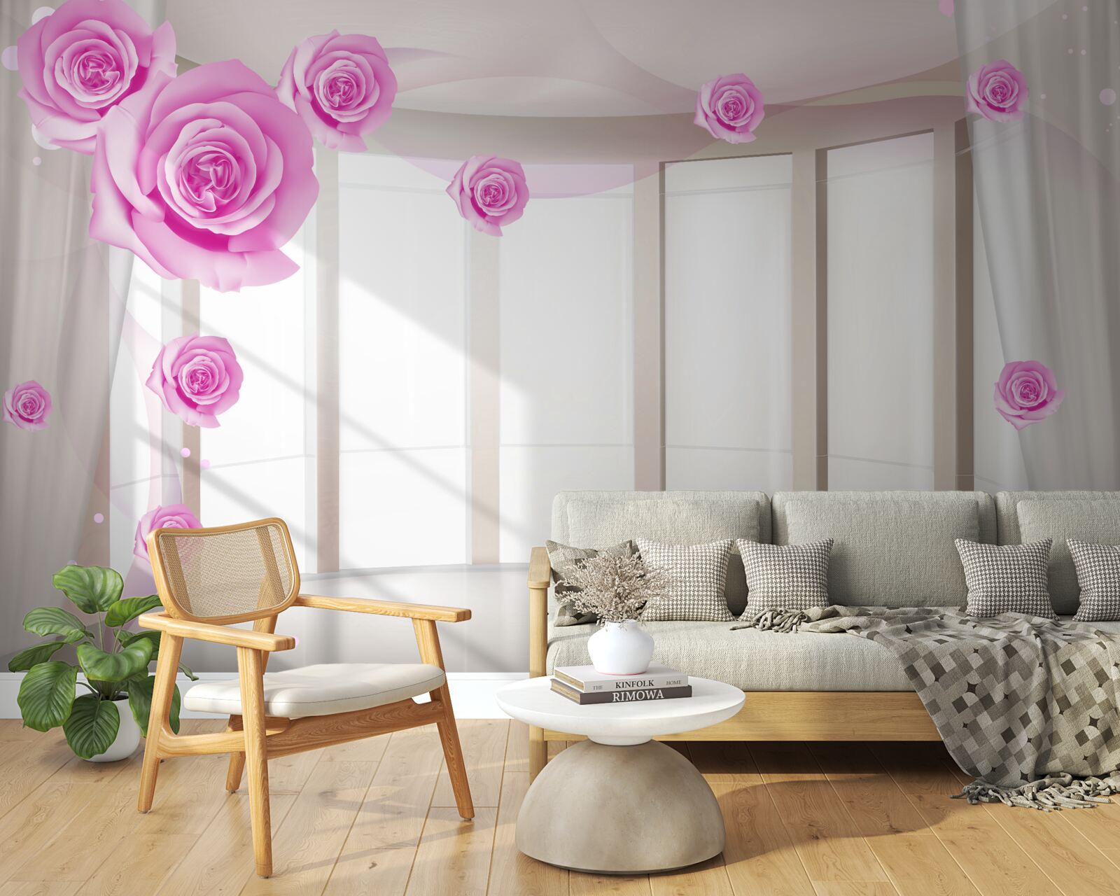 Papier peint terrasse avec vue panoramique et roses en fleurs