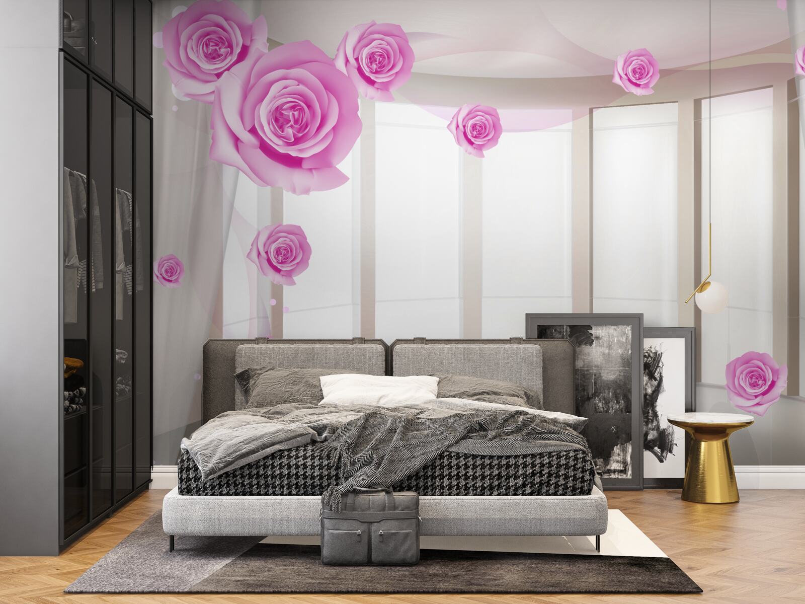 Papier peint terrasse avec vue panoramique et roses en fleurs