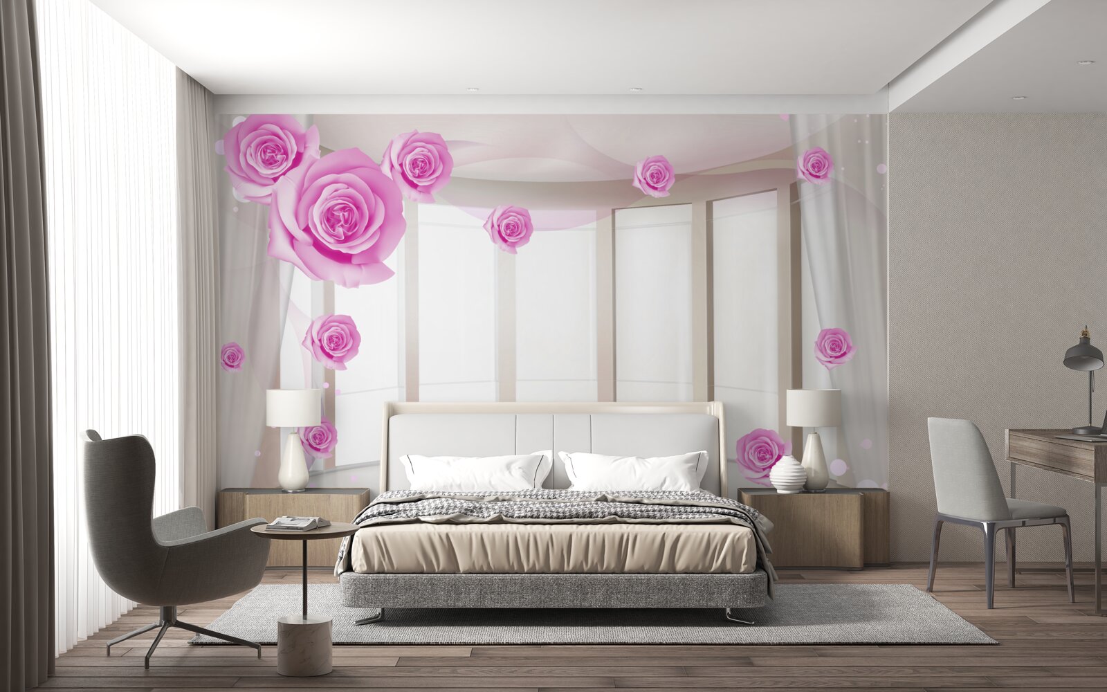 Papier peint terrasse avec vue panoramique et roses en fleurs