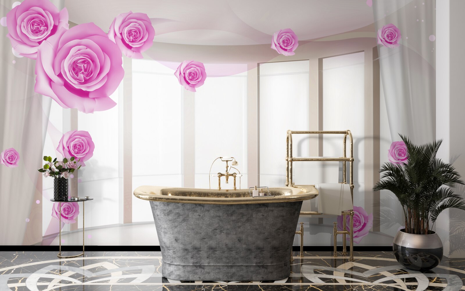 Papier peint terrasse avec vue panoramique et roses en fleurs