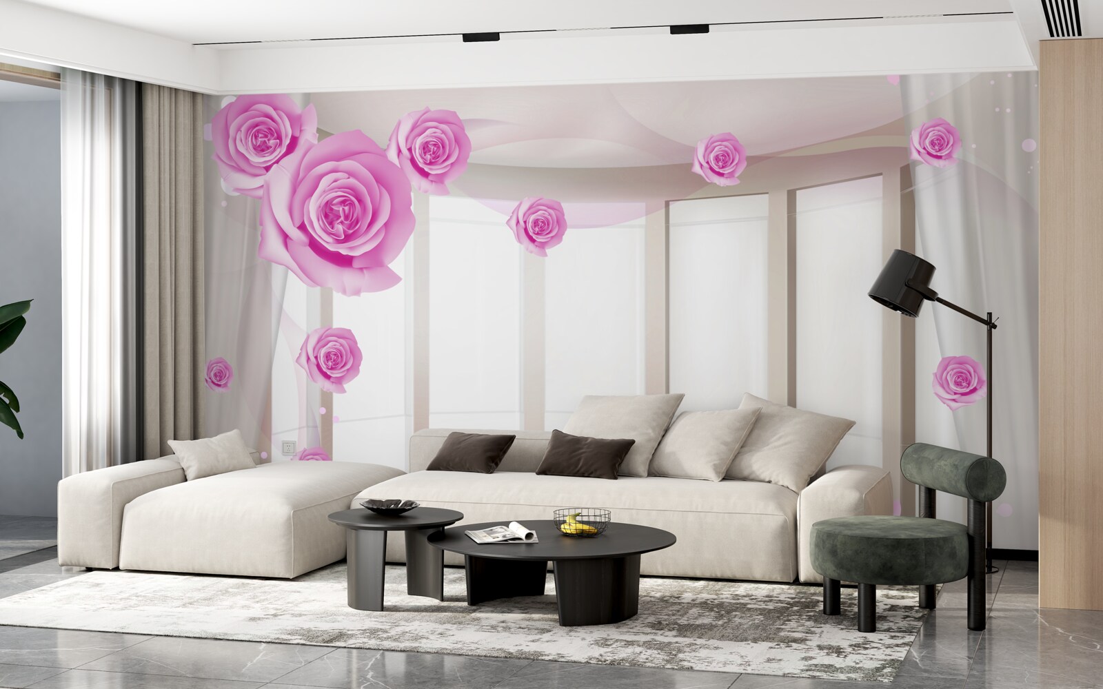 Papier peint terrasse avec vue panoramique et roses en fleurs