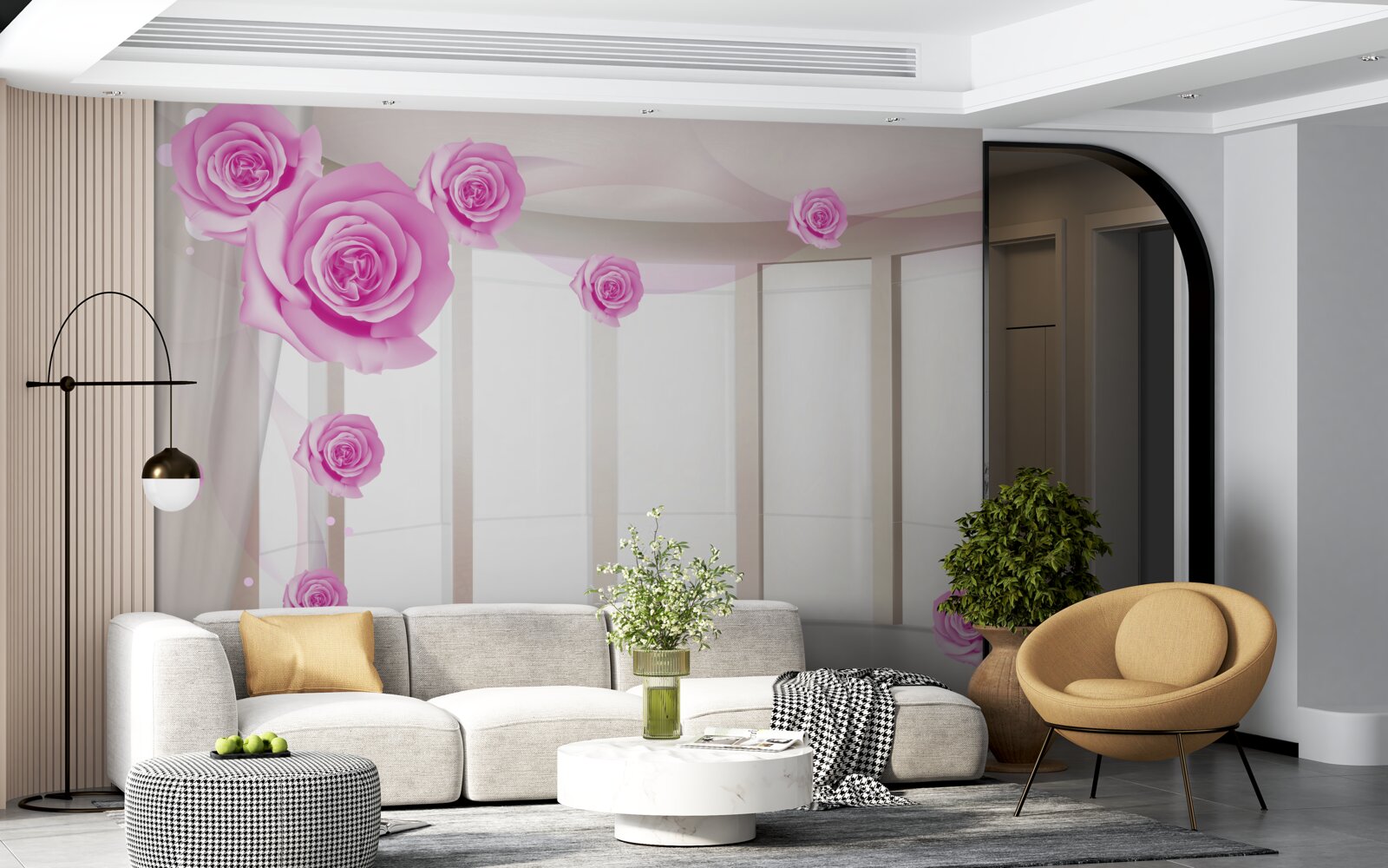 Papier peint terrasse avec vue panoramique et roses en fleurs