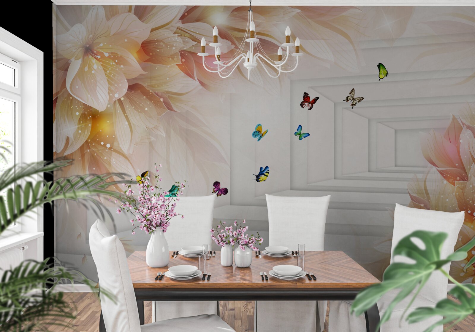 Papier peint le tunnel est plein de couleurs : fleurs et papillons colorés