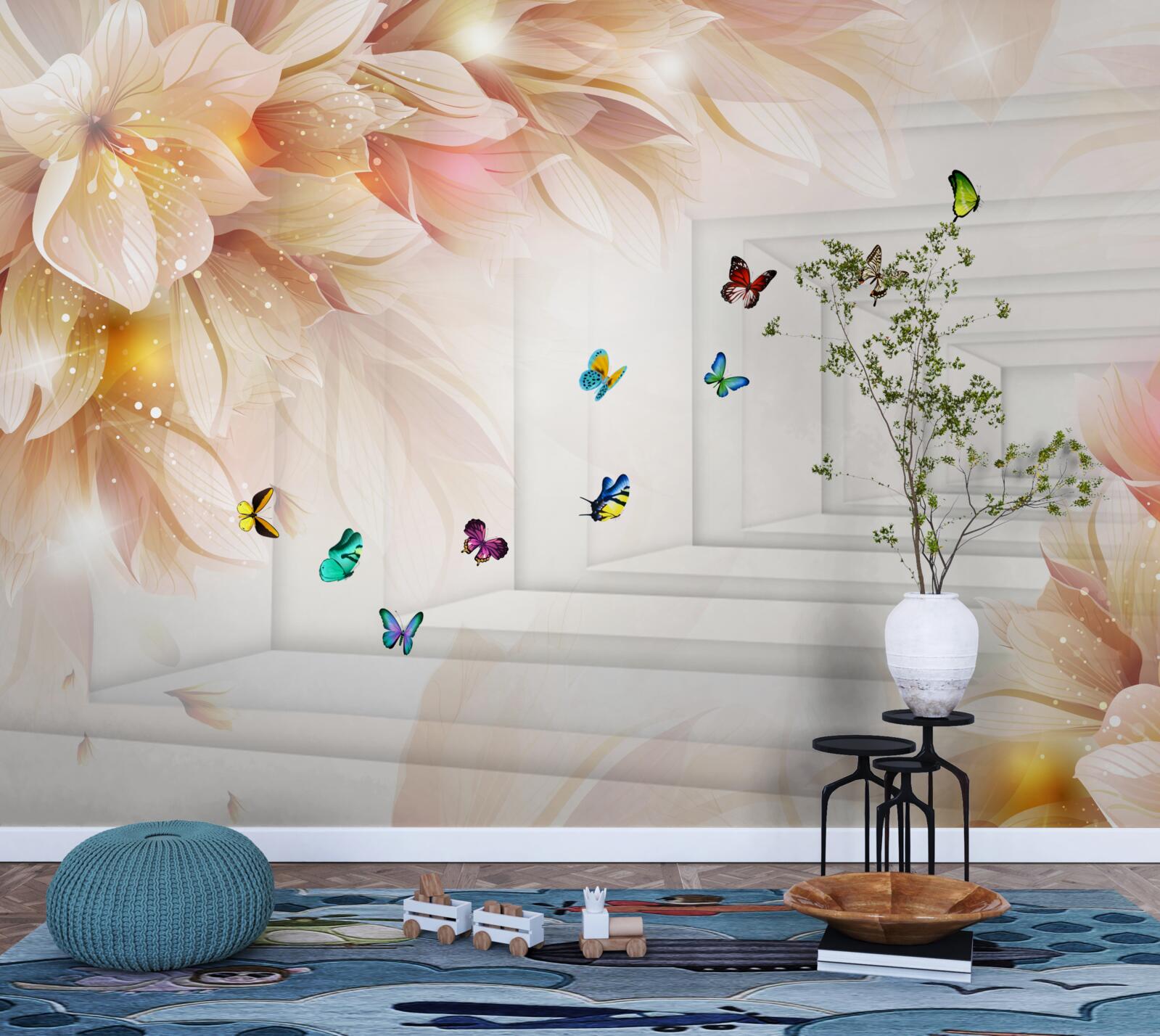 Papier peint le tunnel est plein de couleurs : fleurs et papillons colorés