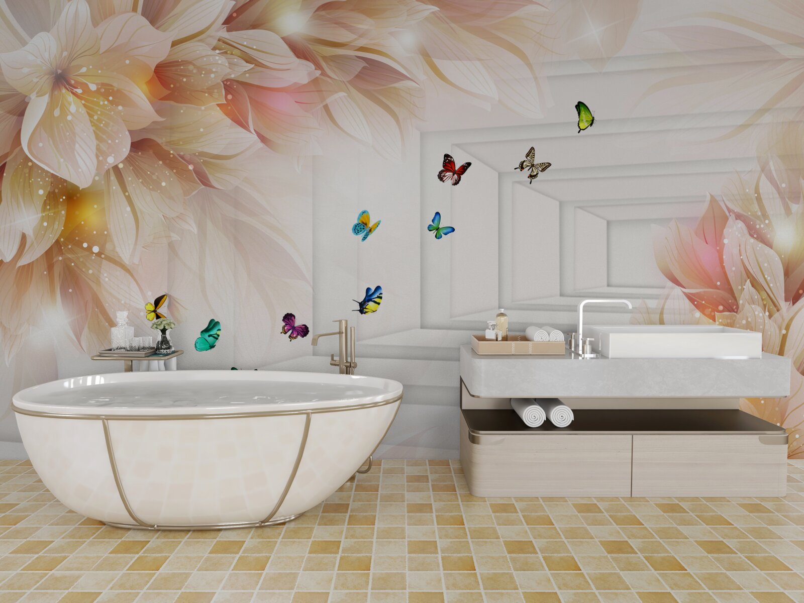 Papier peint le tunnel est plein de couleurs : fleurs et papillons colorés