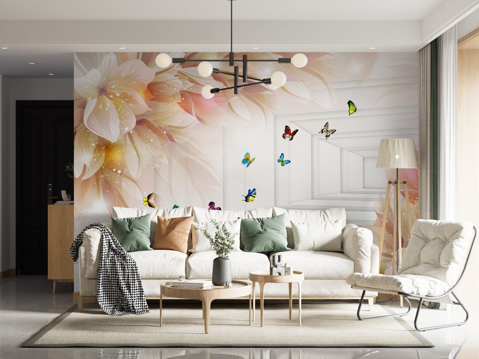 Papier peint le tunnel est plein de couleurs : fleurs et papillons colorés