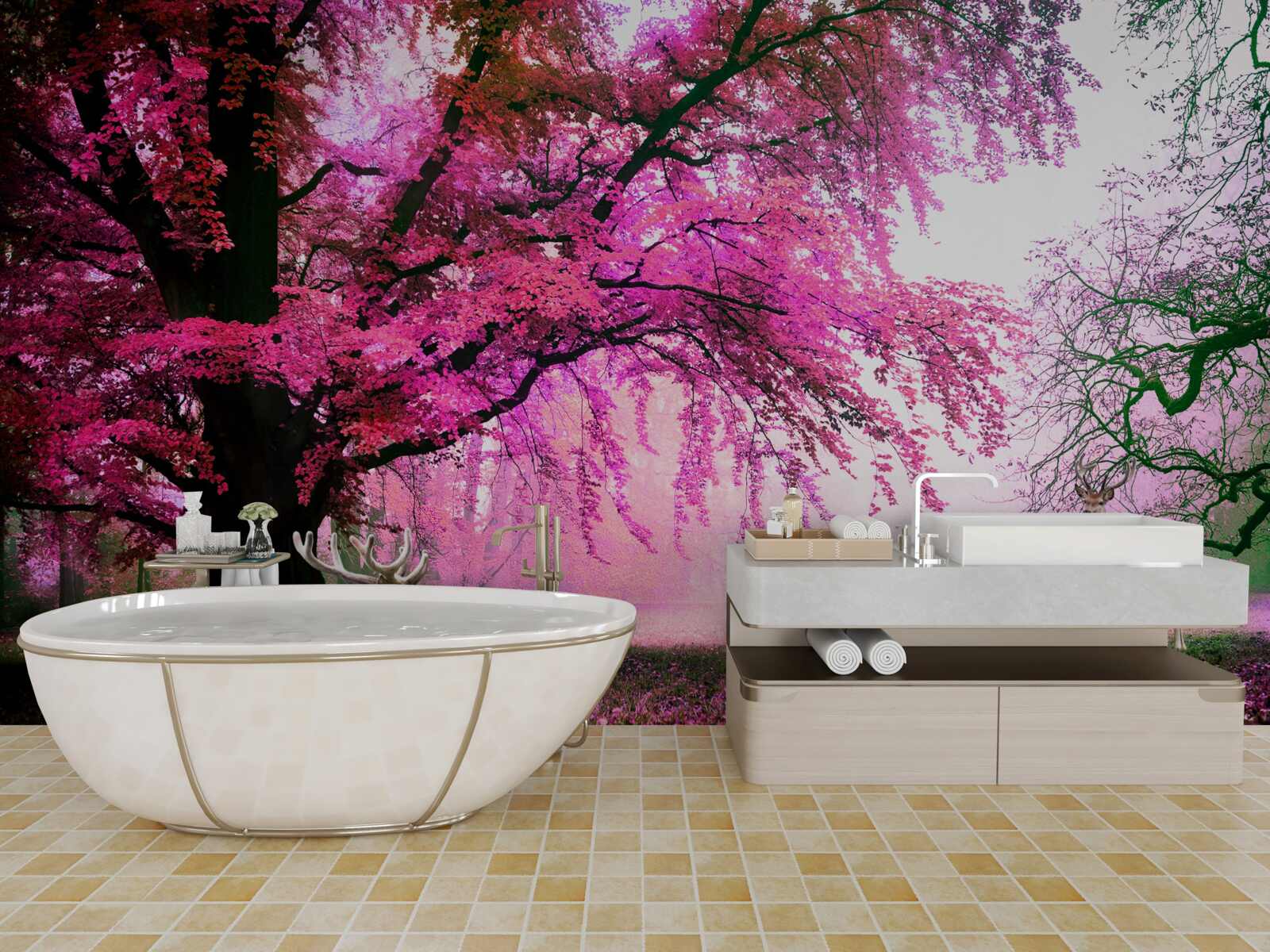 Papier peint sakura en rose vole autour