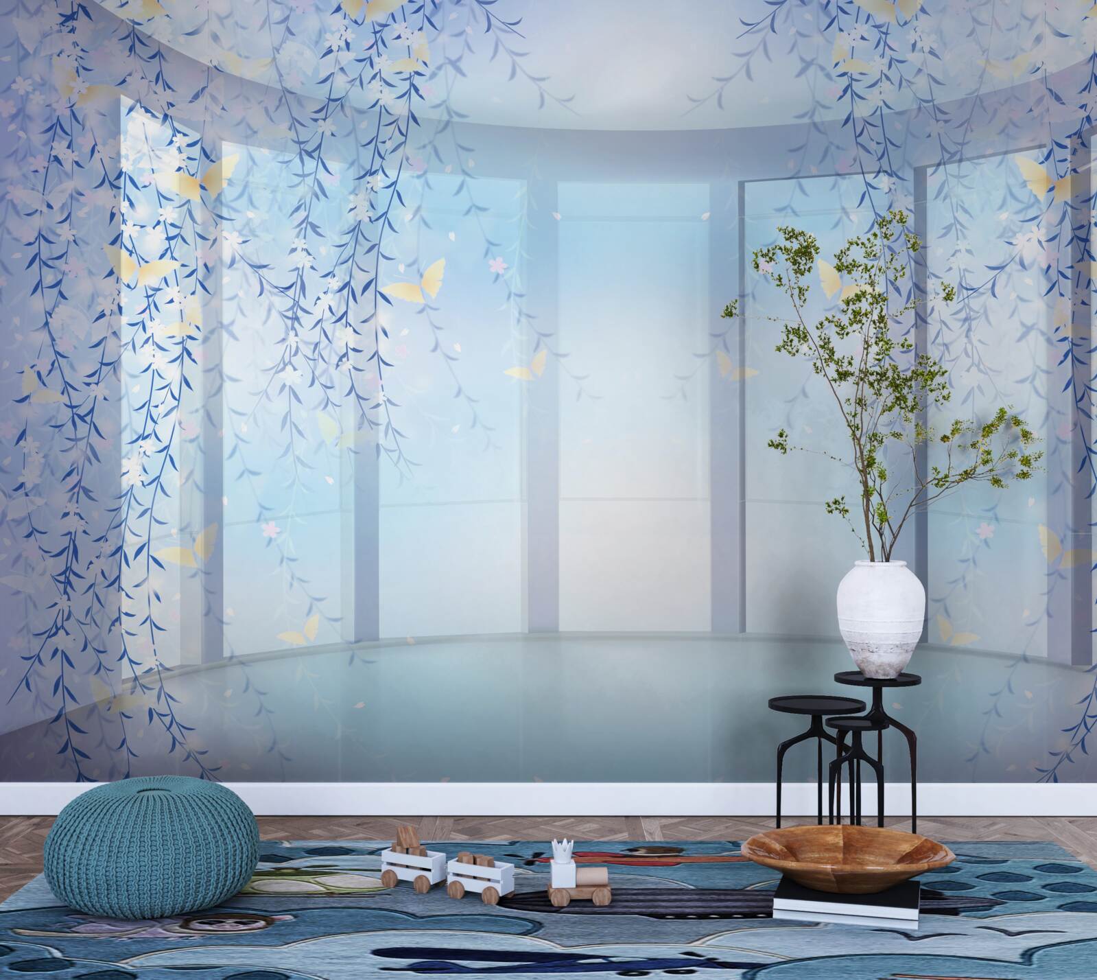 Papier peint balcon avec vue panoramique dans les tons bleus