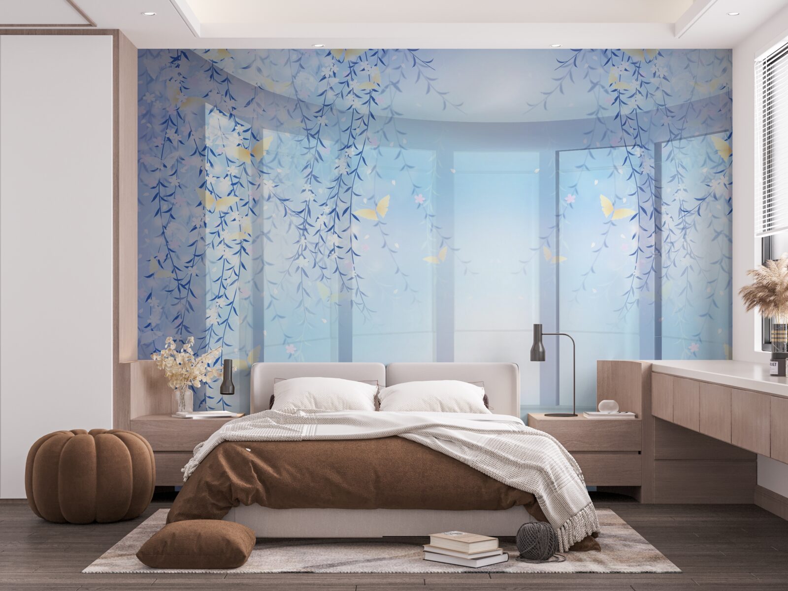 Papier peint balcon avec vue panoramique dans les tons bleus