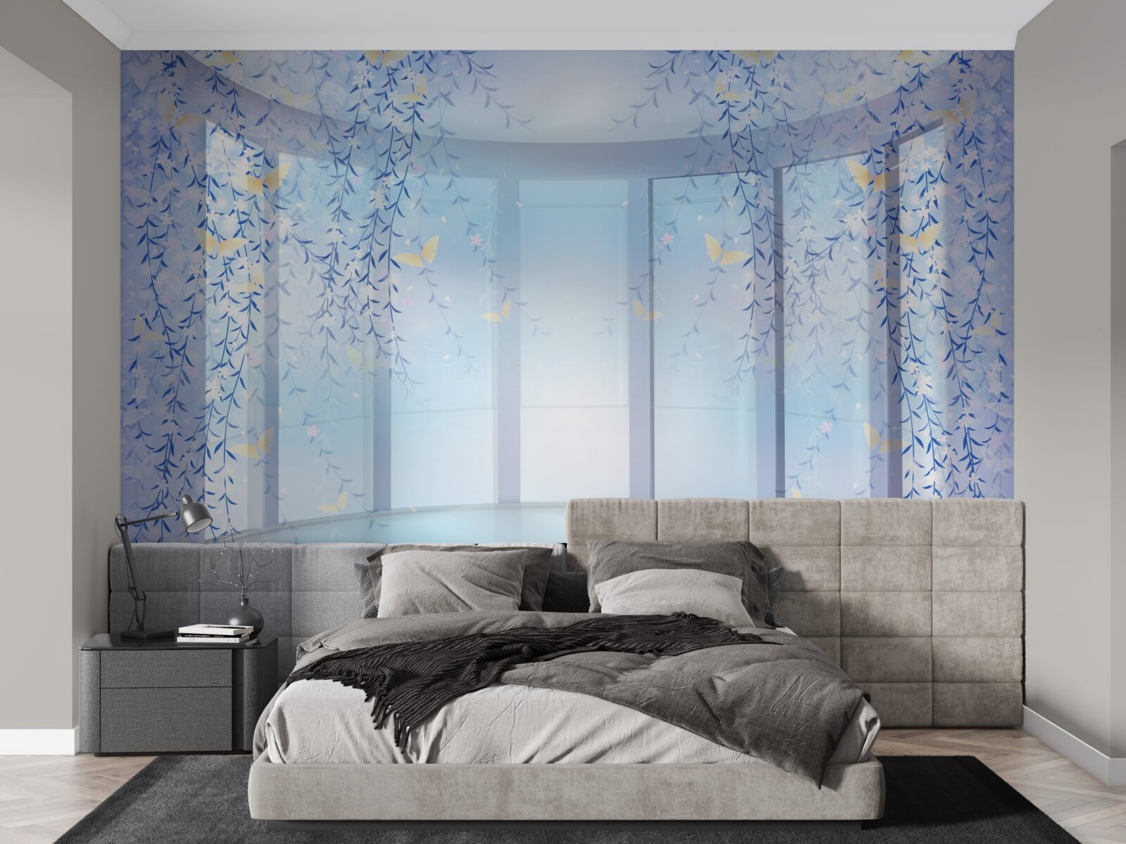 Papier peint balcon avec vue panoramique dans les tons bleus