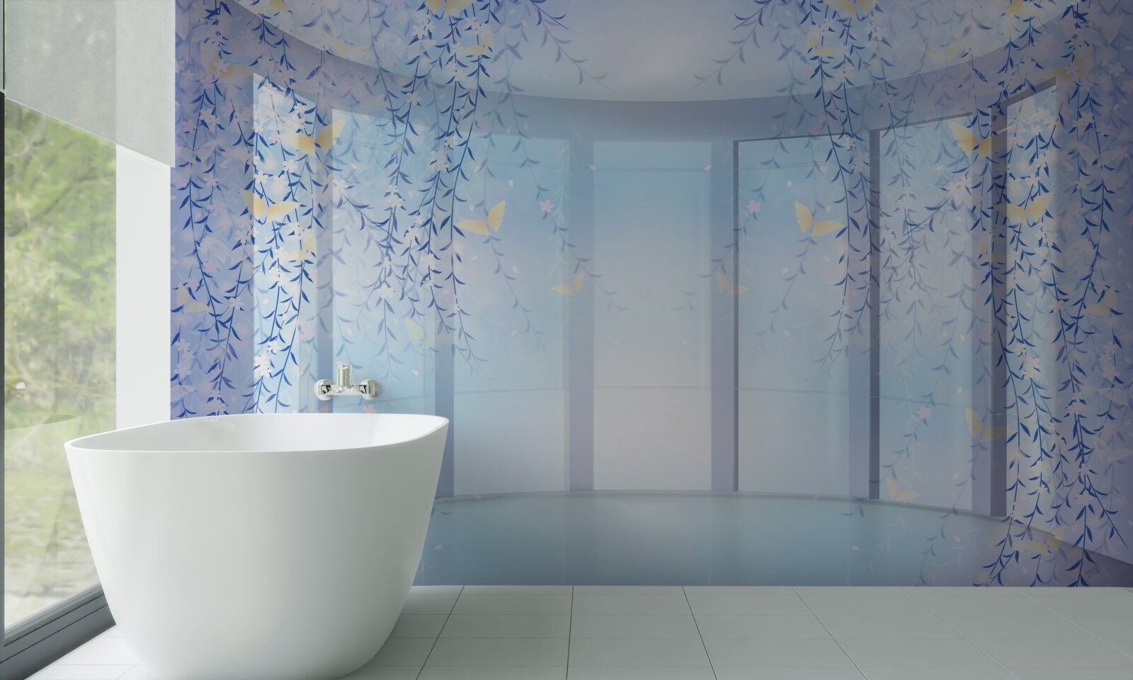 Papier peint balcon avec vue panoramique dans les tons bleus