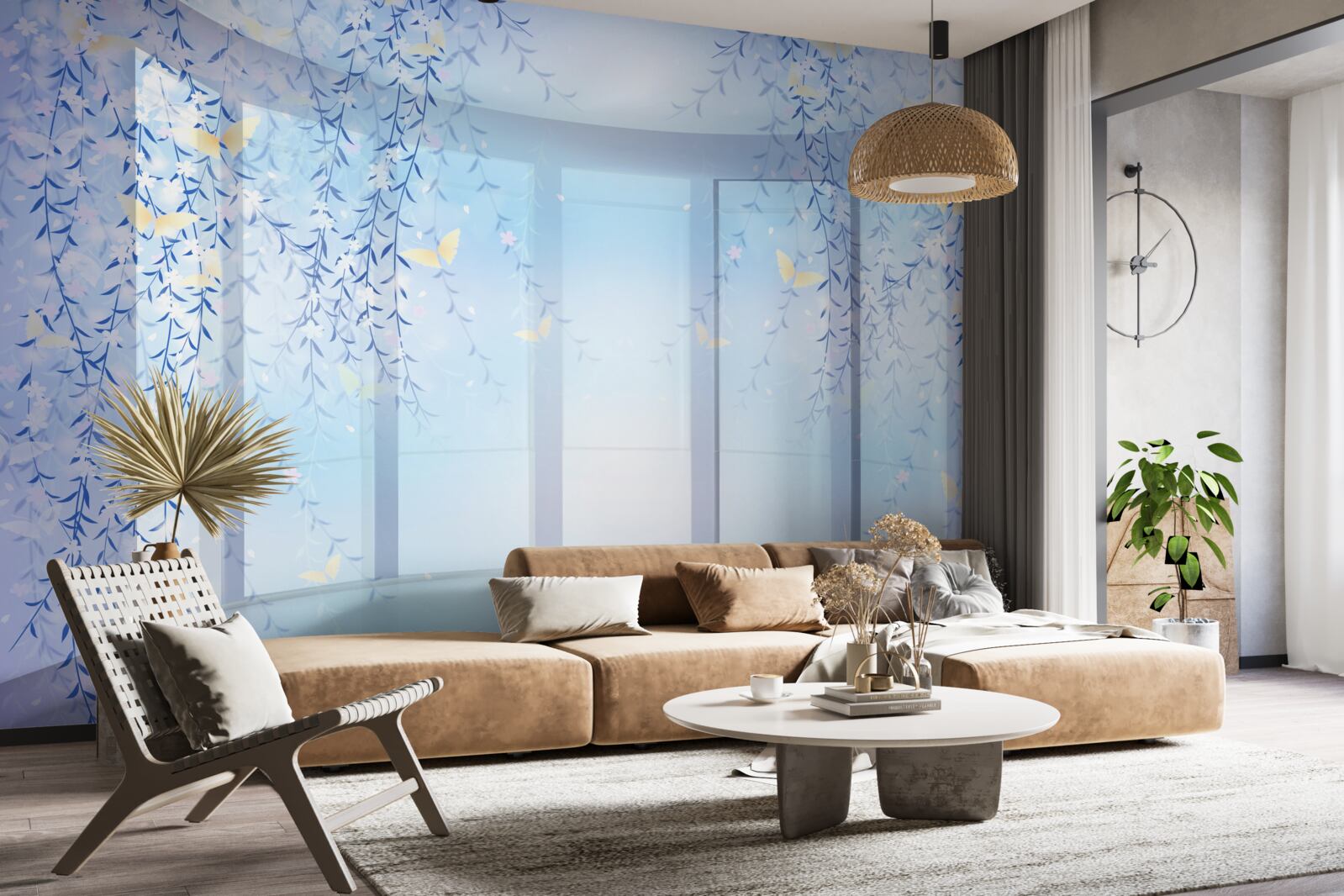 Papier peint balcon avec vue panoramique dans les tons bleus