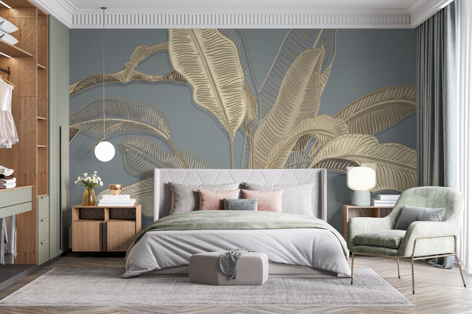 Papier peint des feuilles de plumes dorées scintillent sur le fond sombre