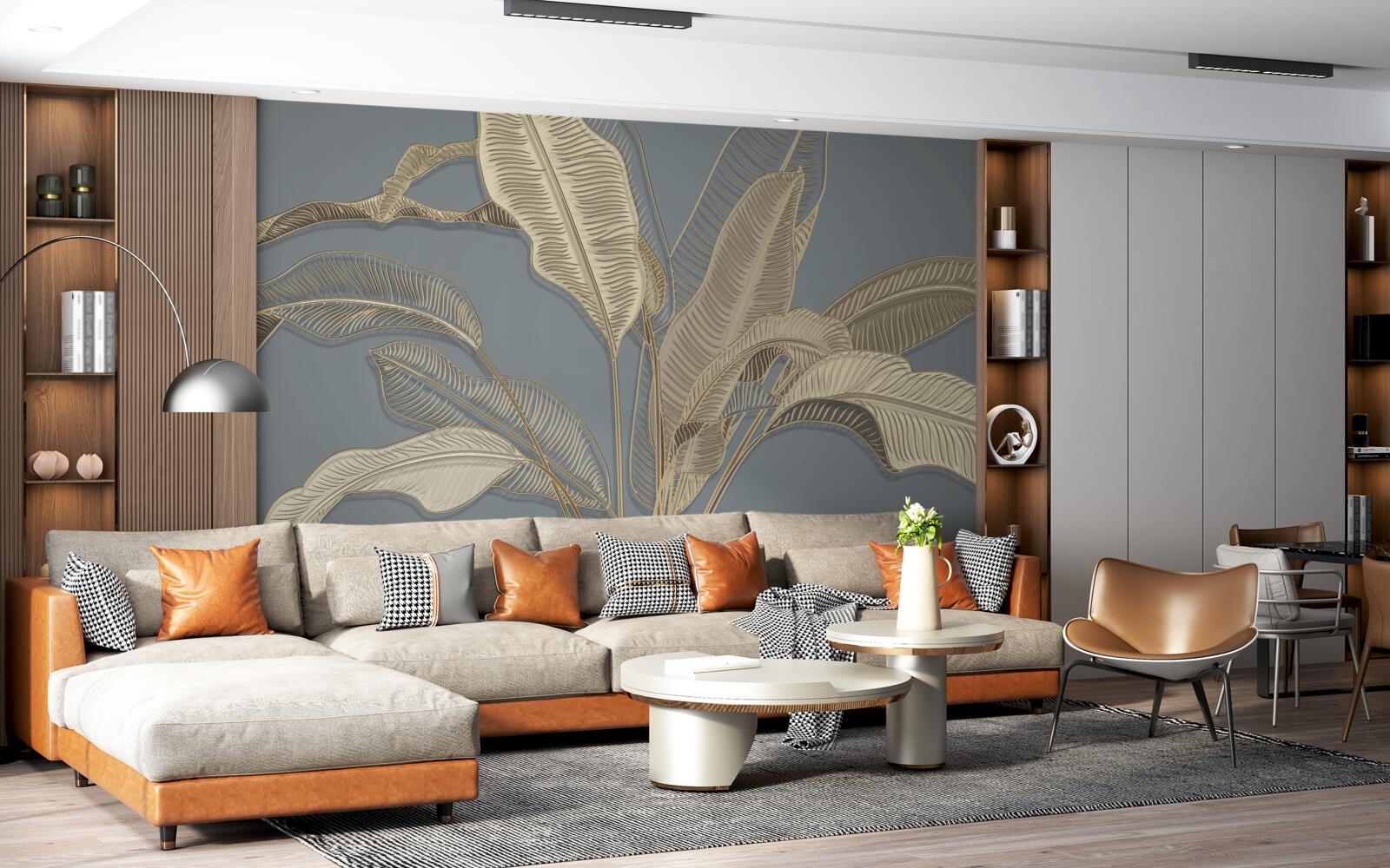 Papier peint des feuilles de plumes dorées scintillent sur le fond sombre