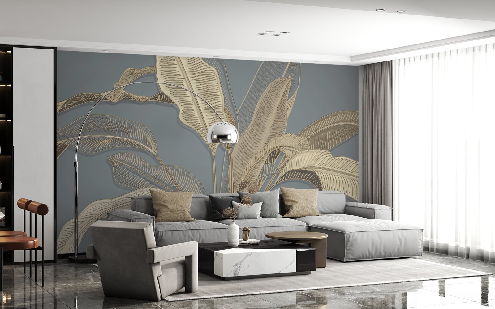 Papier peint des feuilles de plumes dorées scintillent sur le fond sombre