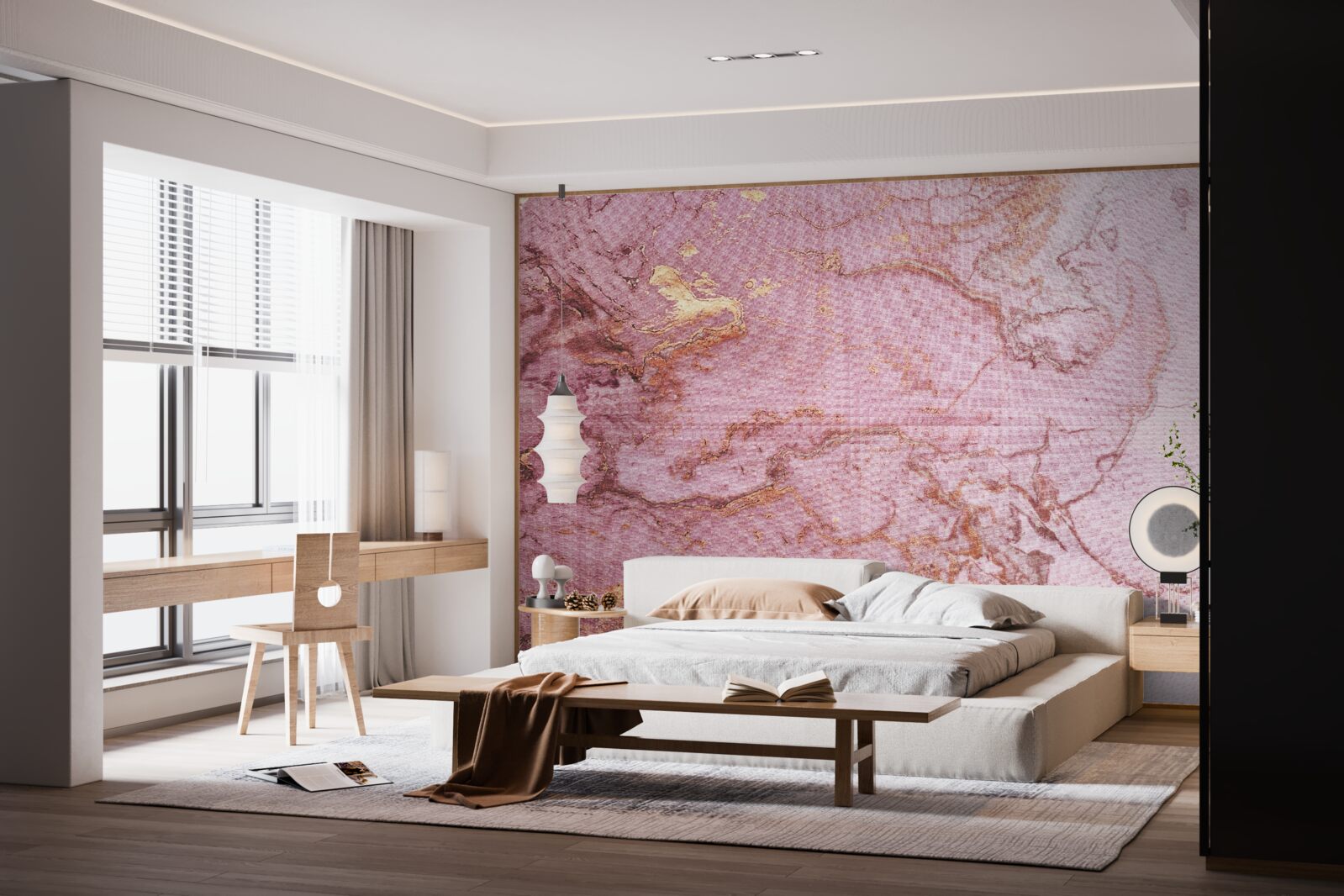 Papier peint motif marbré dans de délicates nuances de rose