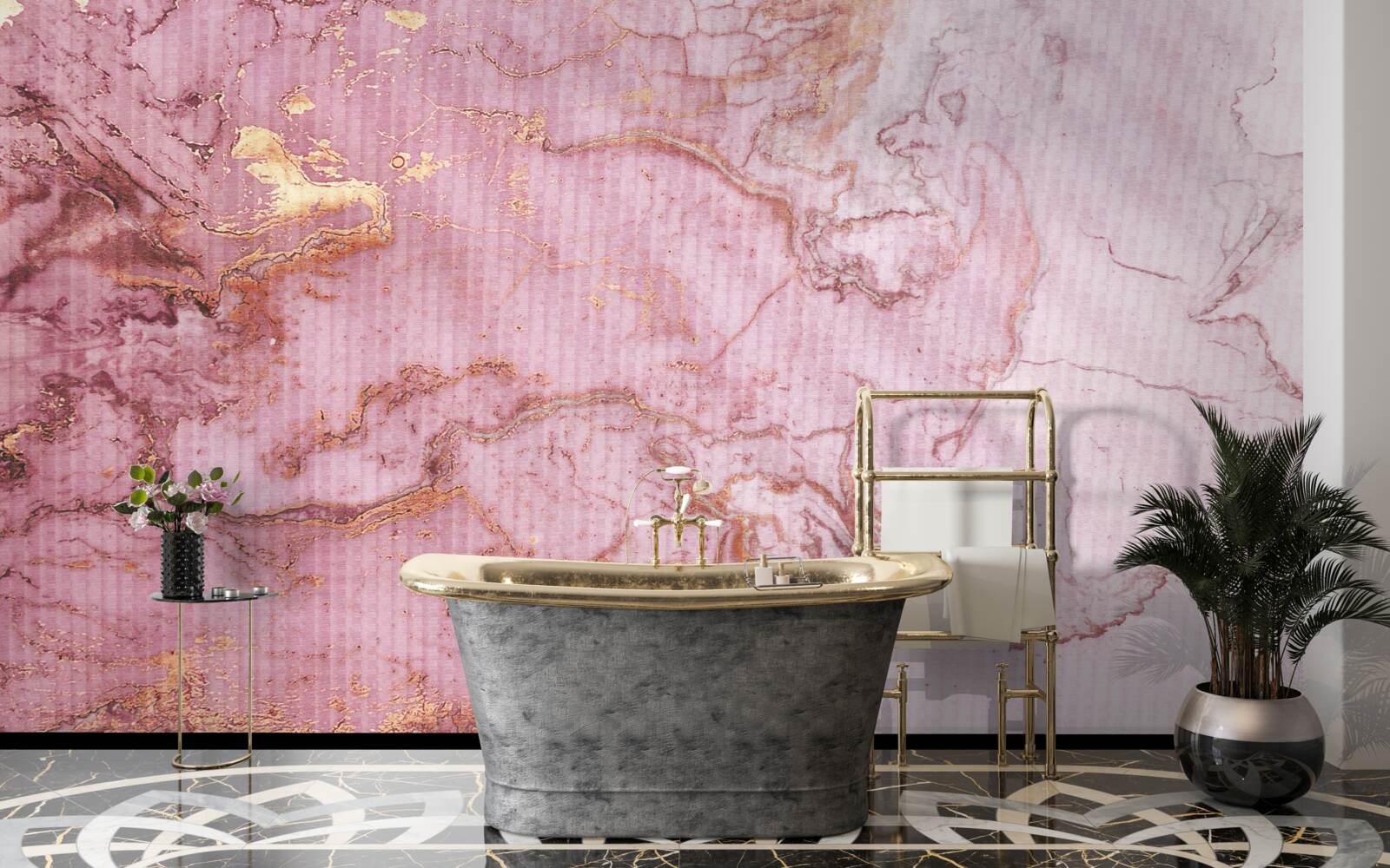 Papier peint motif marbré dans de délicates nuances de rose