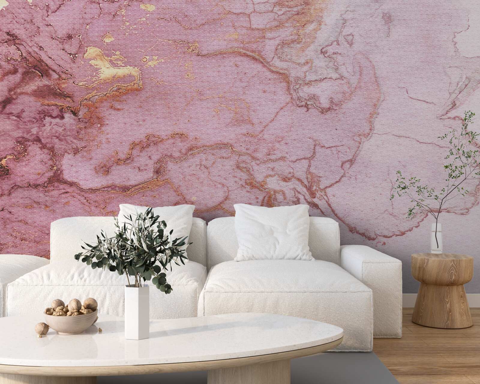 Papier peint motif marbré dans de délicates nuances de rose