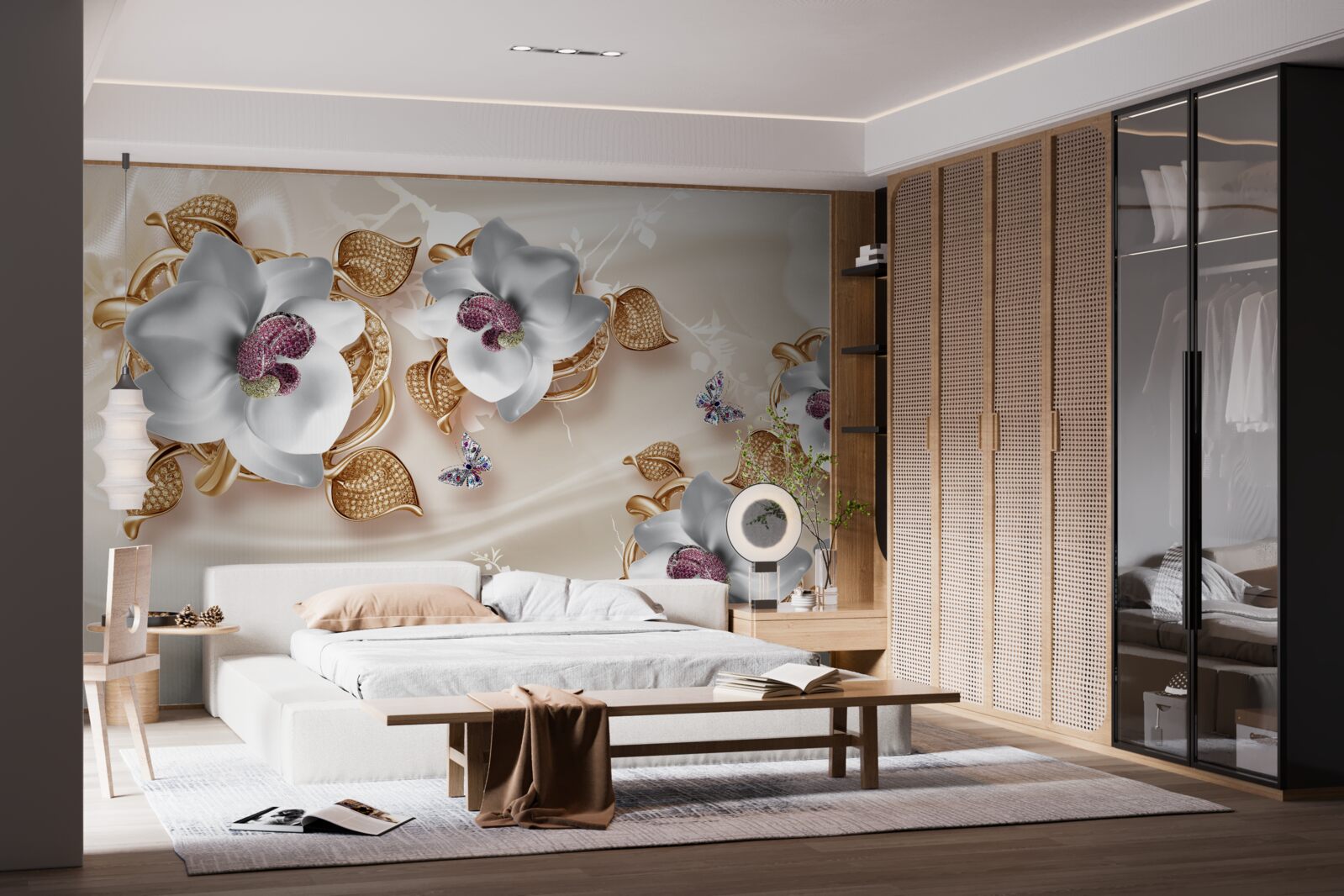 Papier peint orchidée blanche aux feuilles dorées