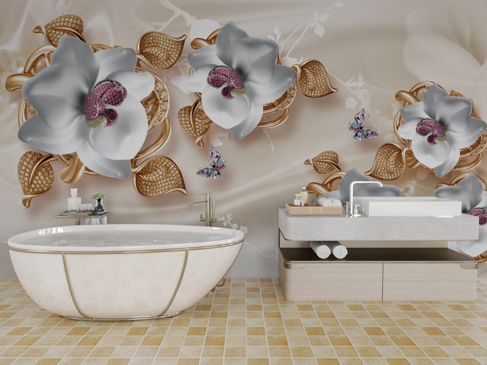 Papier peint orchidée blanche aux feuilles dorées