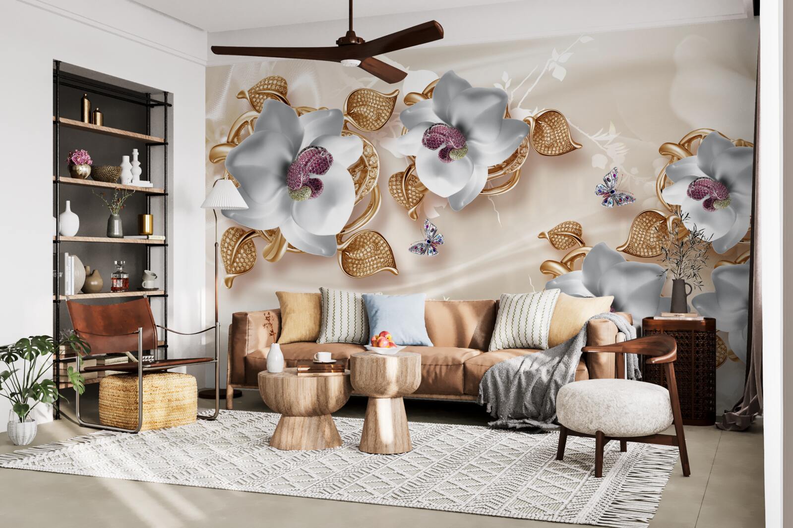 Papier peint orchidée blanche aux feuilles dorées