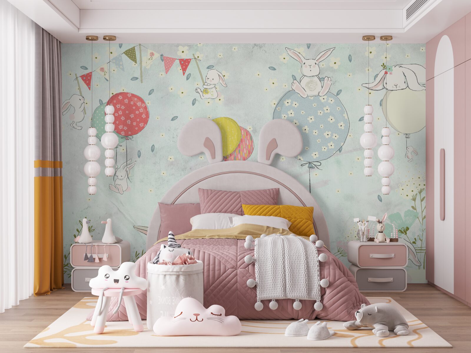 Papier peint lapins en boules blanches