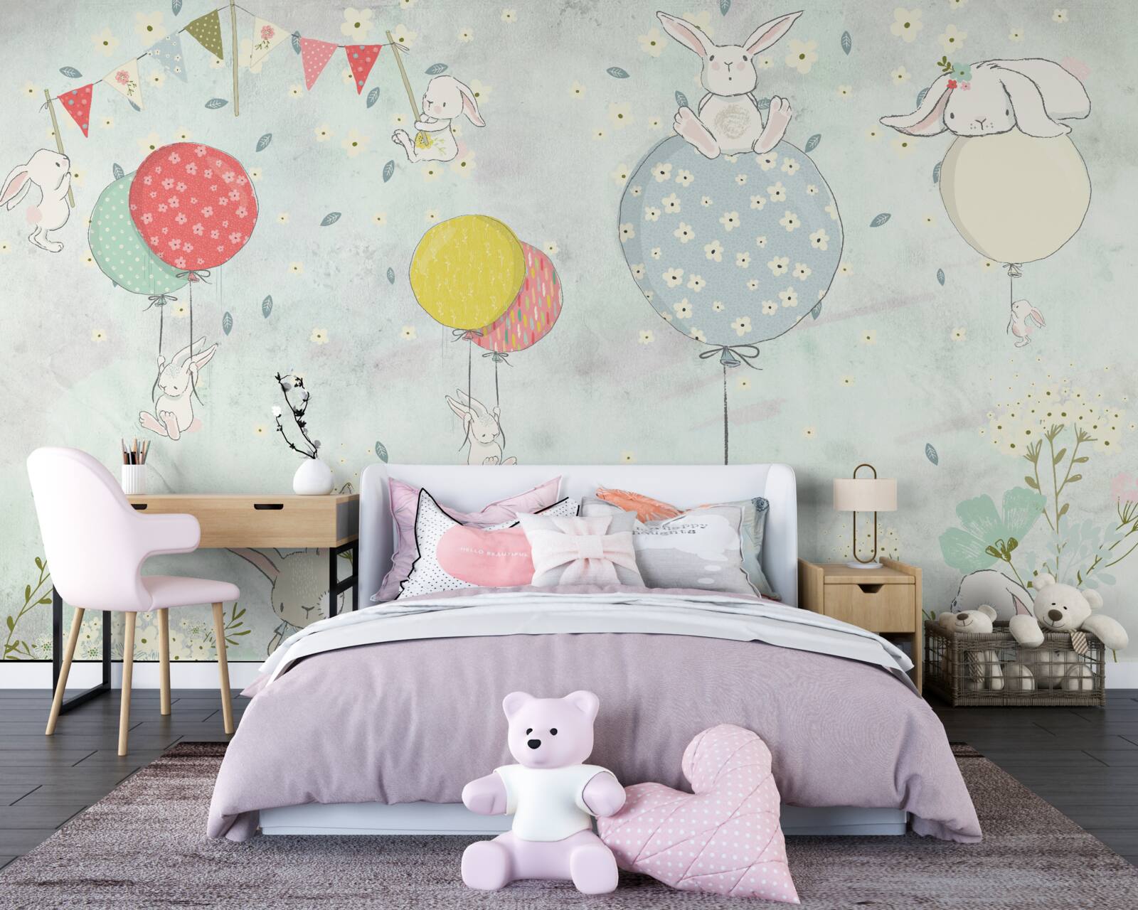 Papier peint lapins en boules blanches