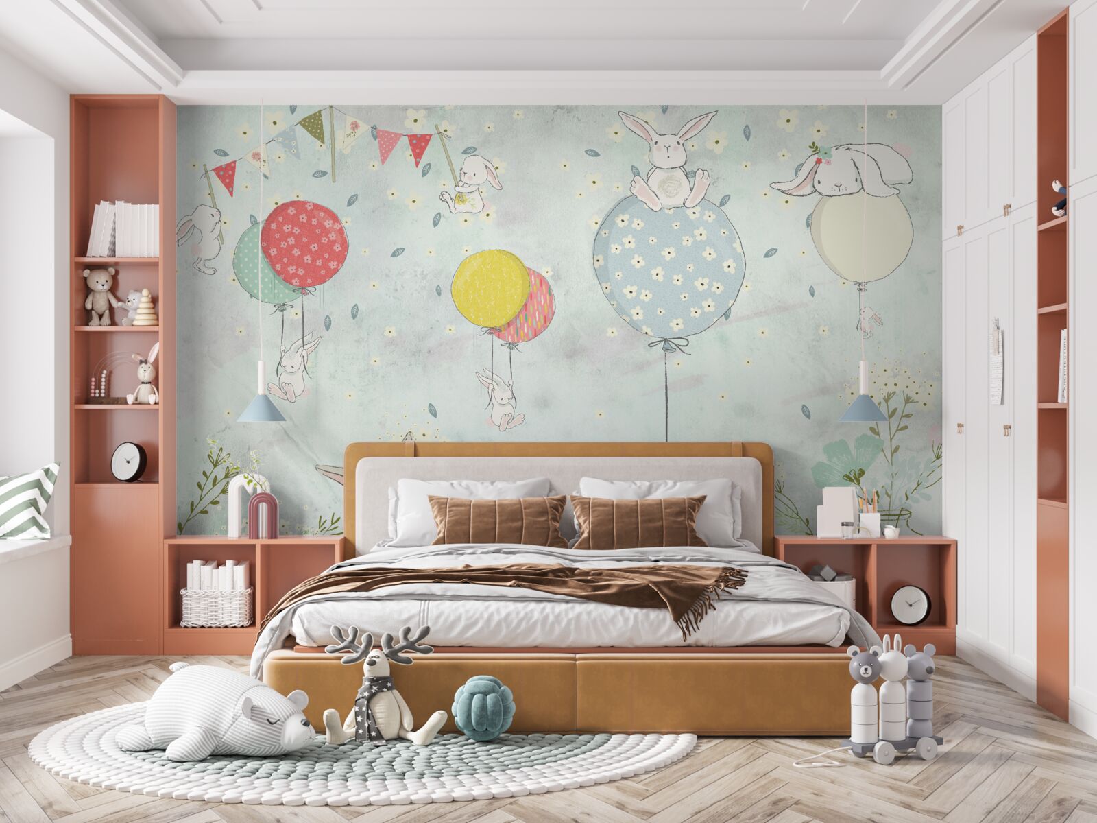 Papier peint lapins en boules blanches