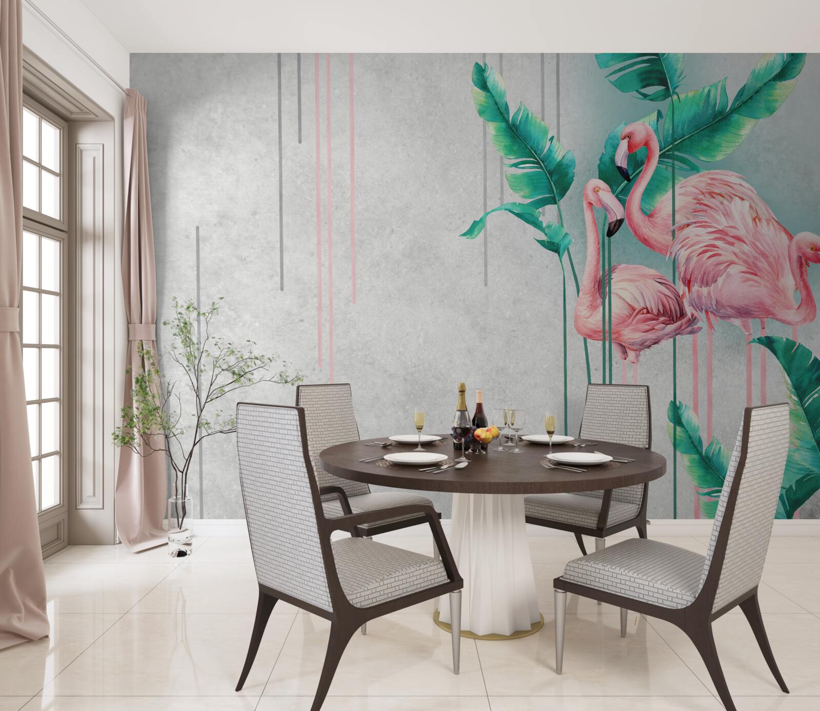 Papier peint flamants roses tropicaux