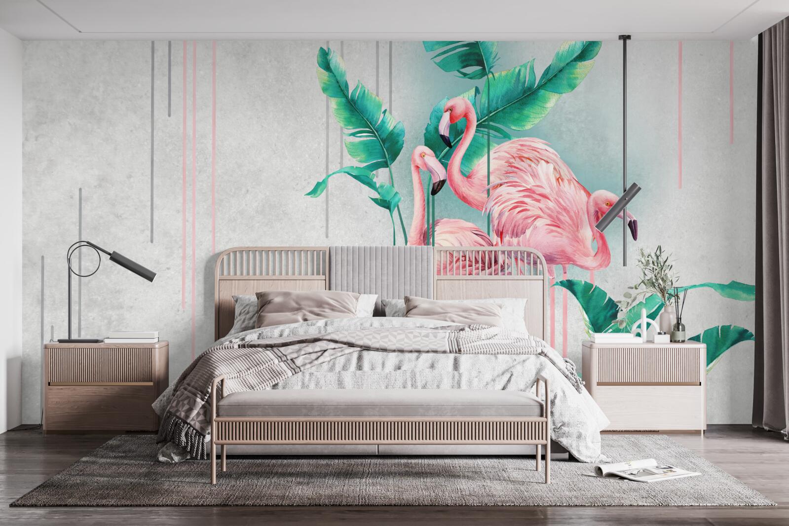 Papier peint flamants roses tropicaux