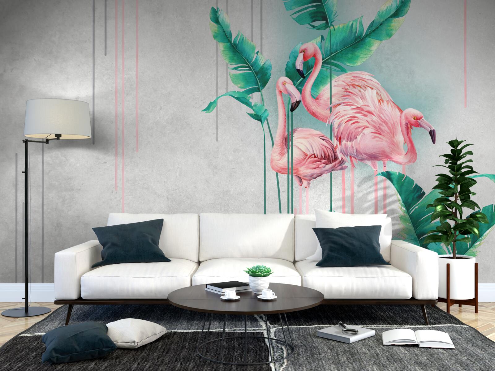 Papier peint flamants roses tropicaux