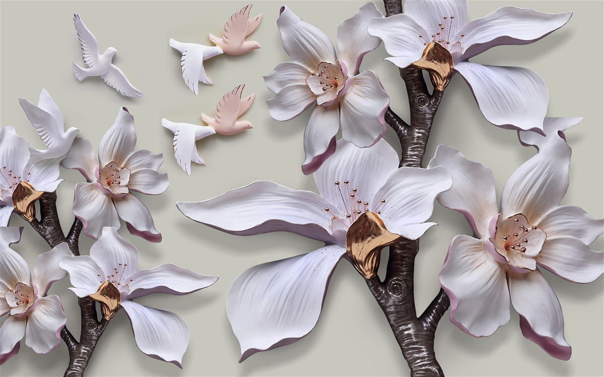 Papier peint Fleurs et oiseaux blancs comme neige